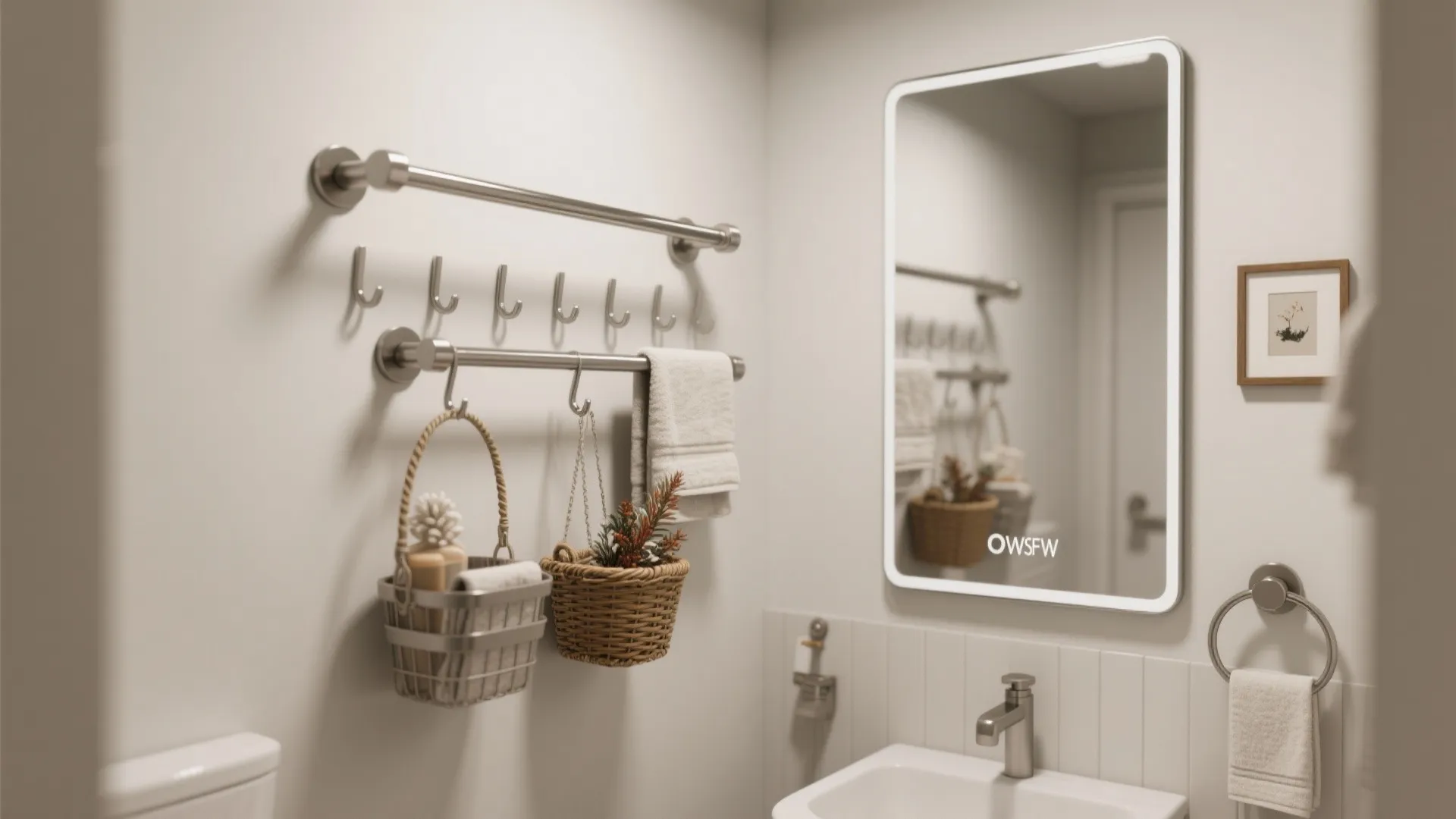 Bathroom wall with metal rails, hanging baskets, towels, a lighted mirror, and white wash basin