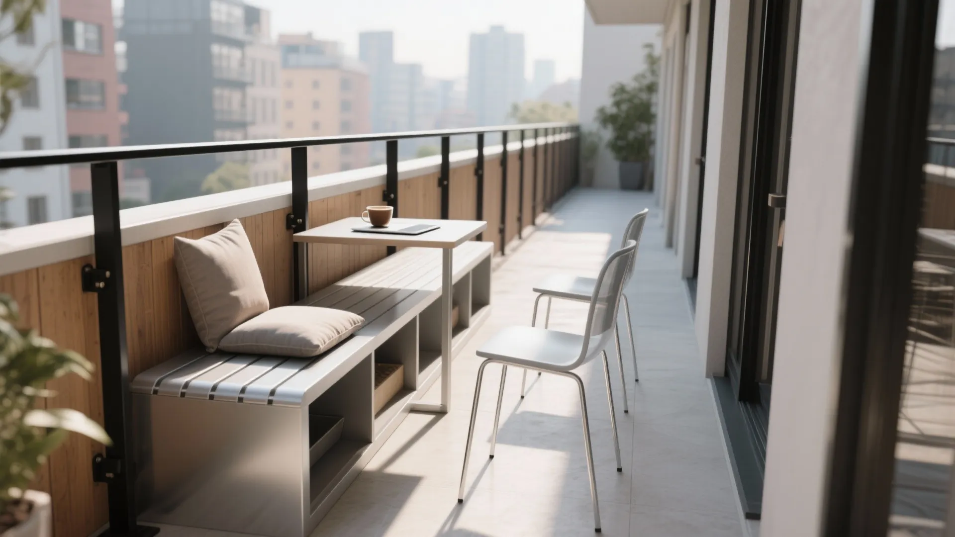 Minimalist rail-hugging furniture