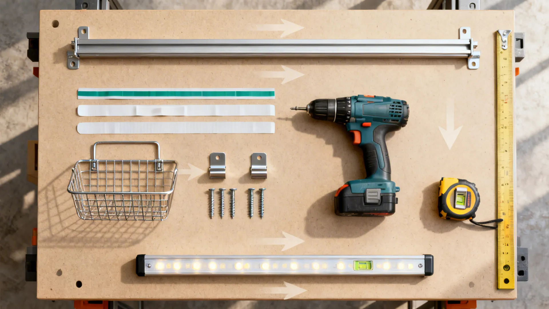 Top-down layout of tools and parts for installing an under-cabinet rail with clip baskets.