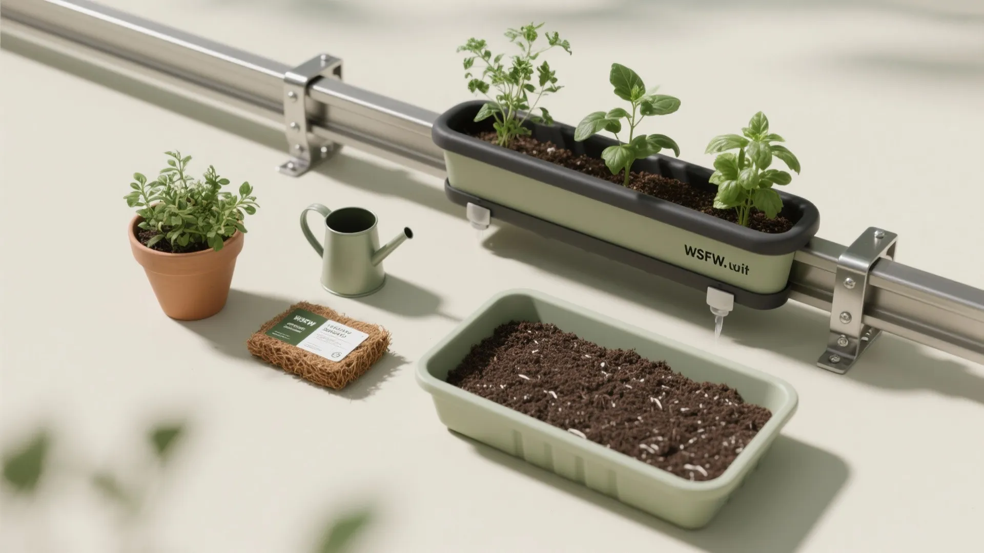 Top-down flatlay of rail herb kit parts including brackets and drip tray.