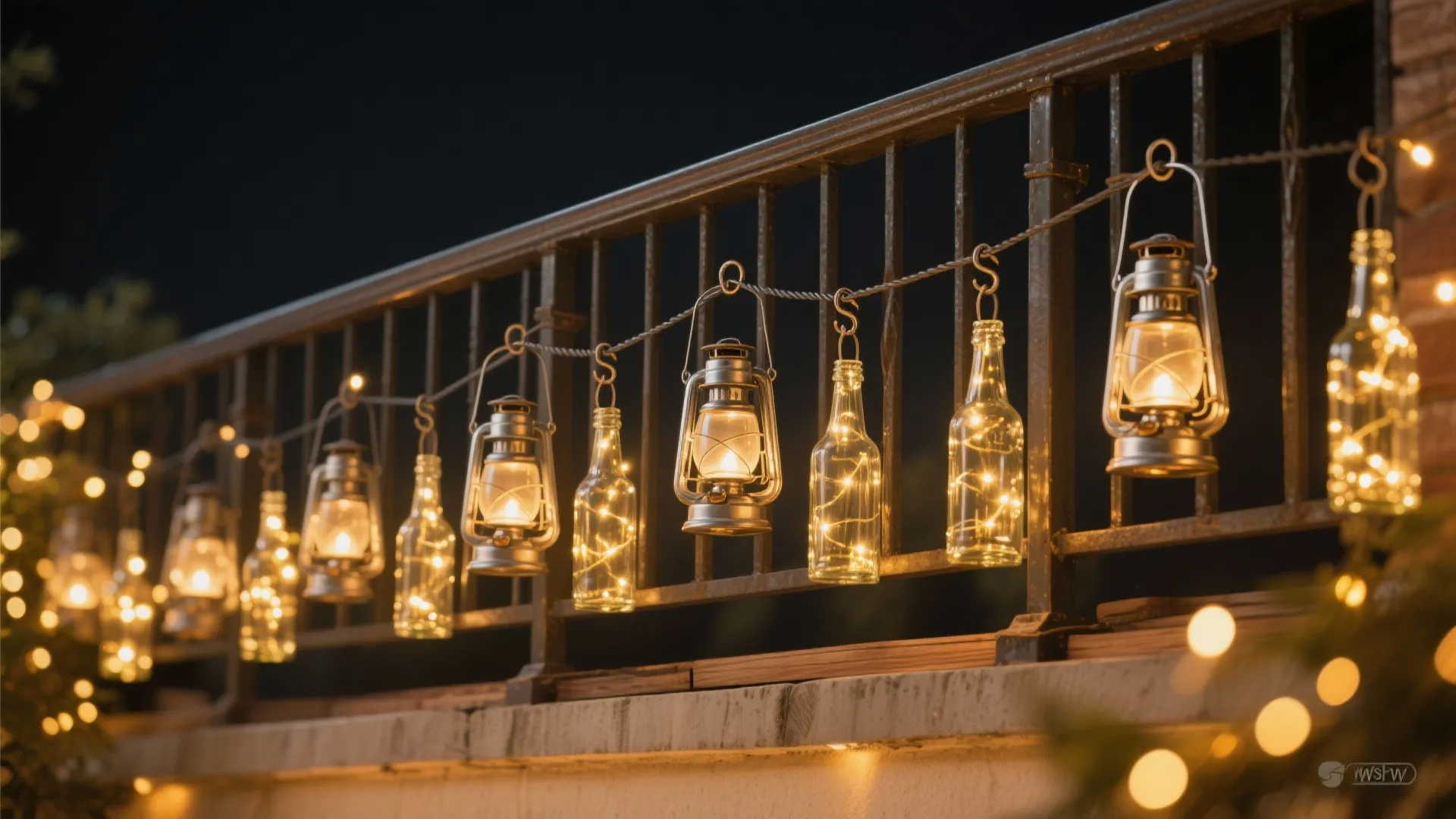 Balcony railing with hanging metal lanterns and glass bottles filled with warm glowing fairy string