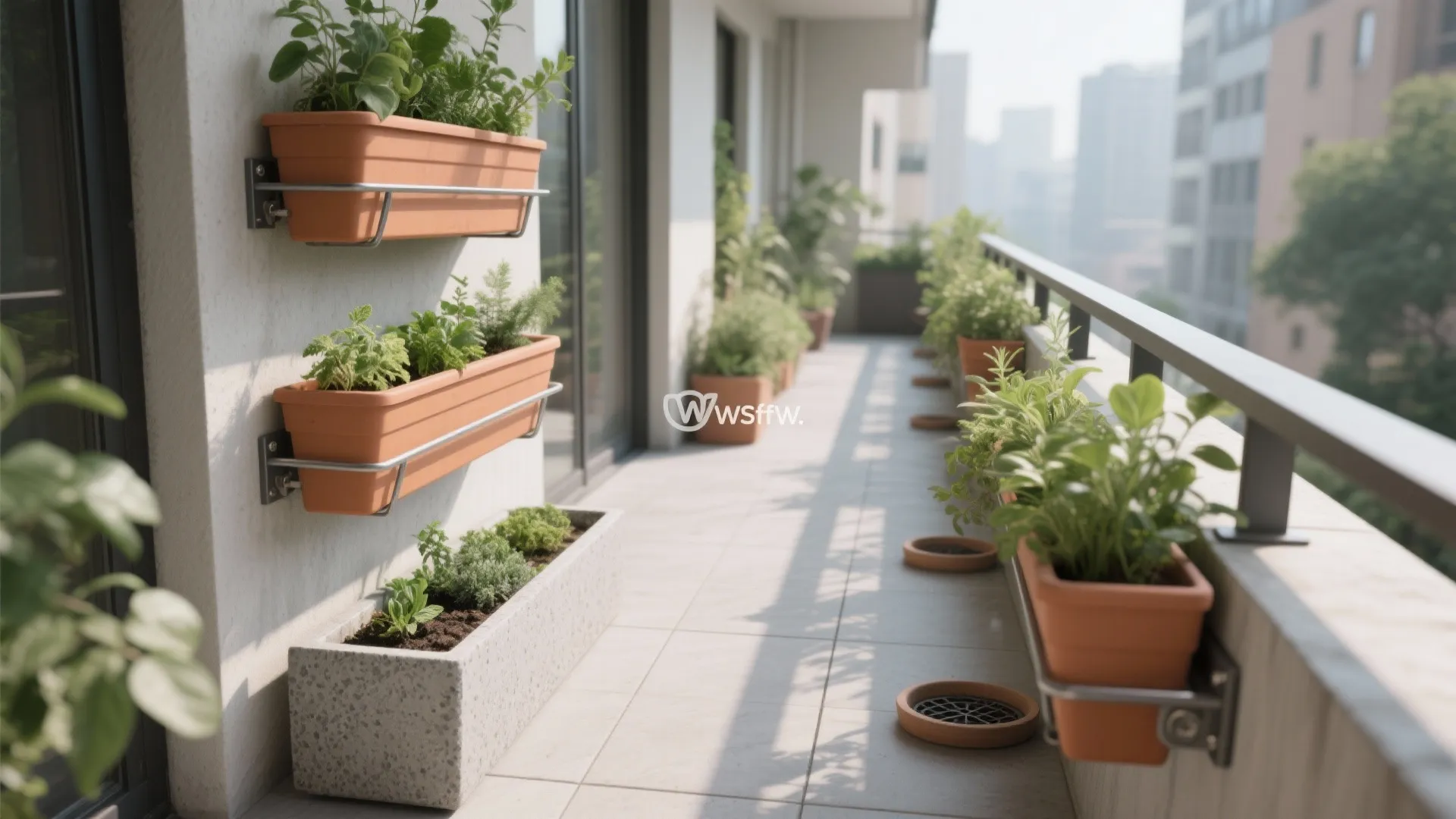 Staggered rail-mounted terracotta planters and a fiberstone floor planter on a slim balcony.