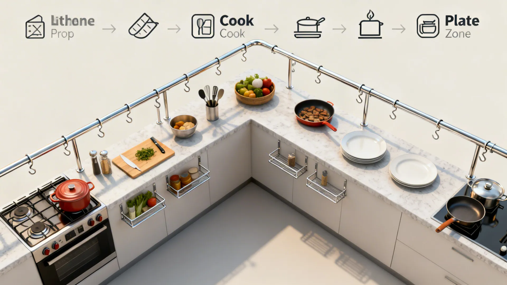 Top-down layout concept showing L-shaped kitchen zones with rail systems freeing counter space.