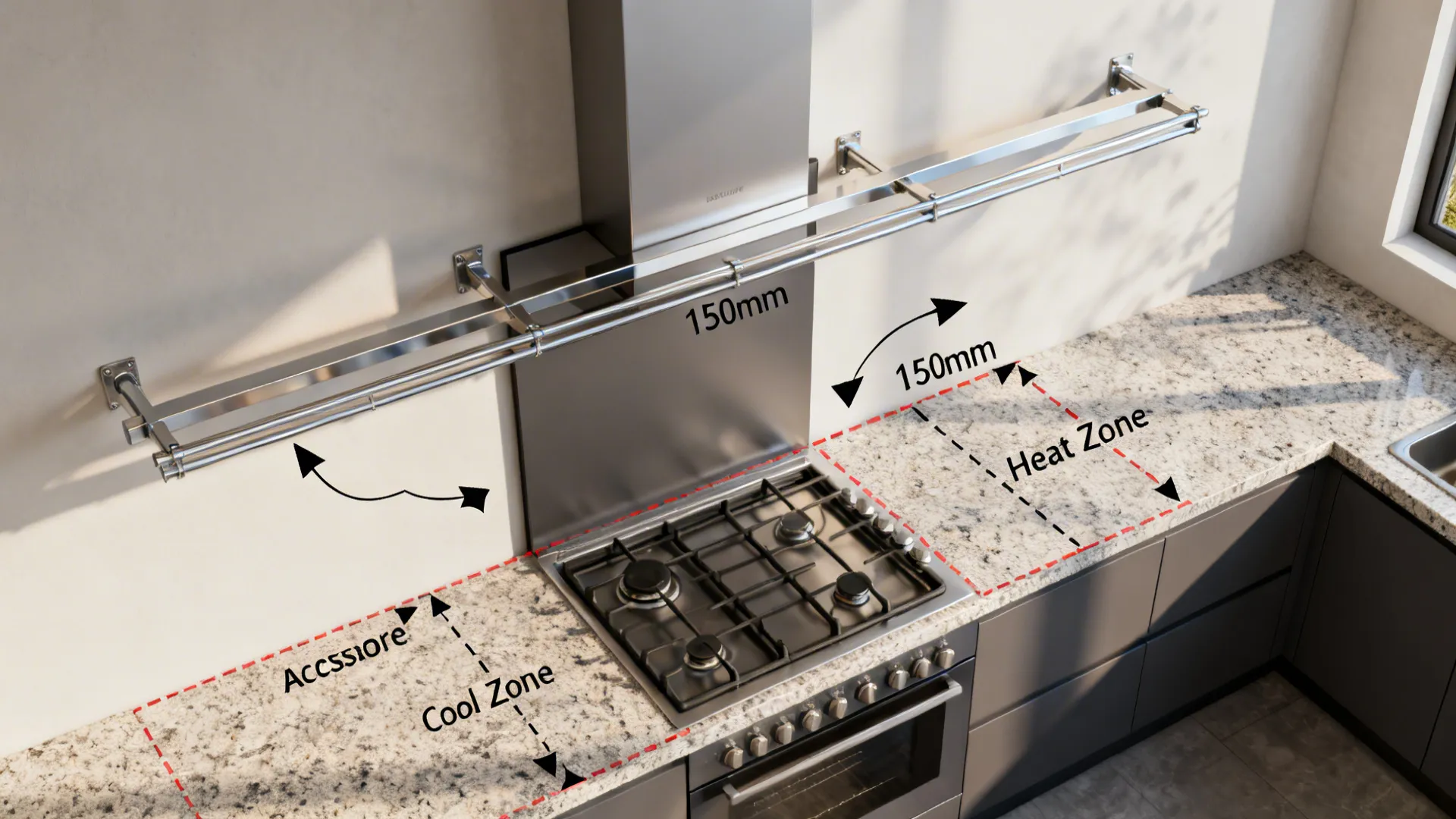 Top-down layout showing stainless rail backsplash above a granite counter with a taller panel at the range.