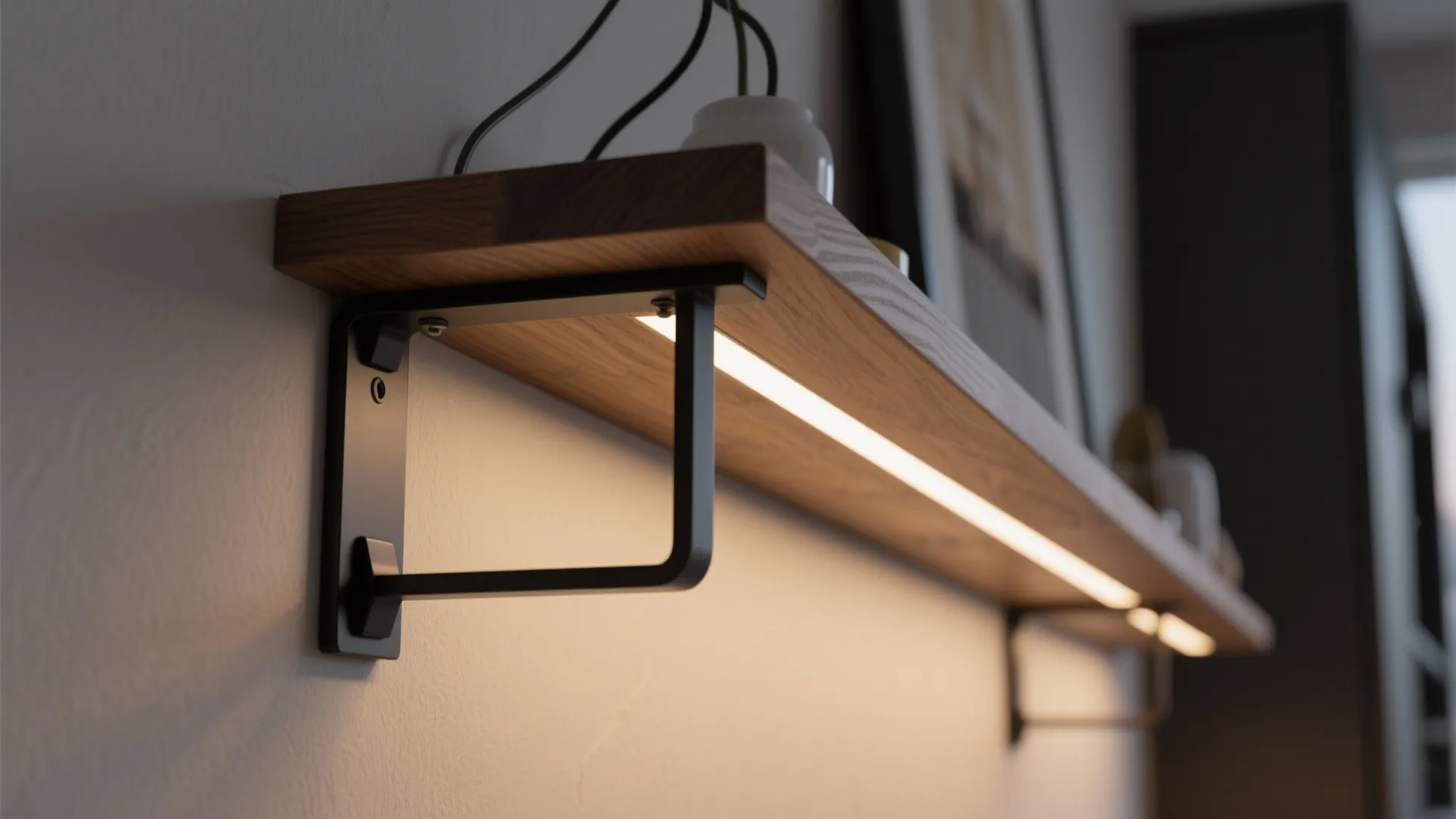 Macro of rail-and-bracket shelf with hidden LED channel glowing warmly.