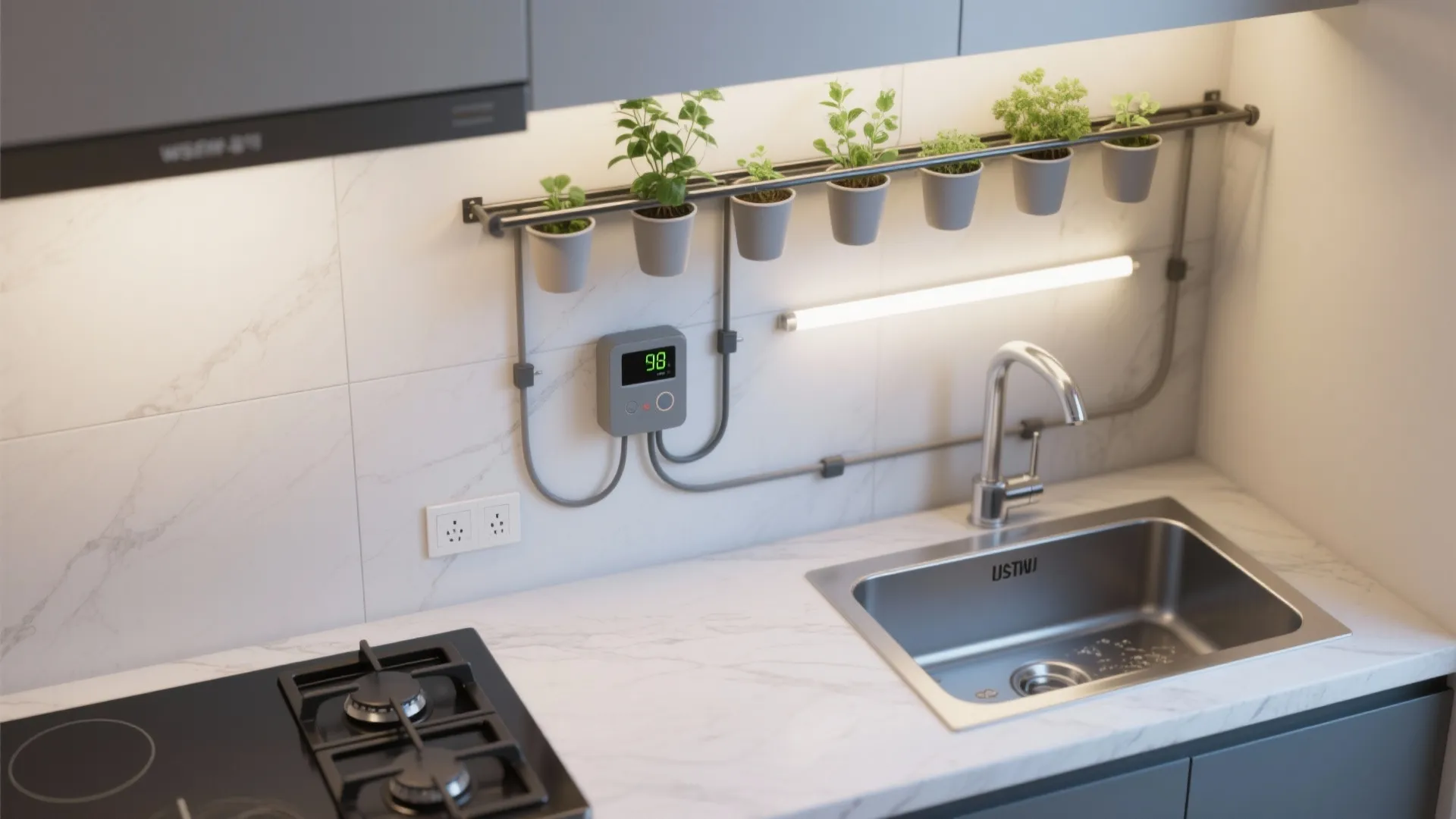 Rail-and-Planter System with Grow LEDs