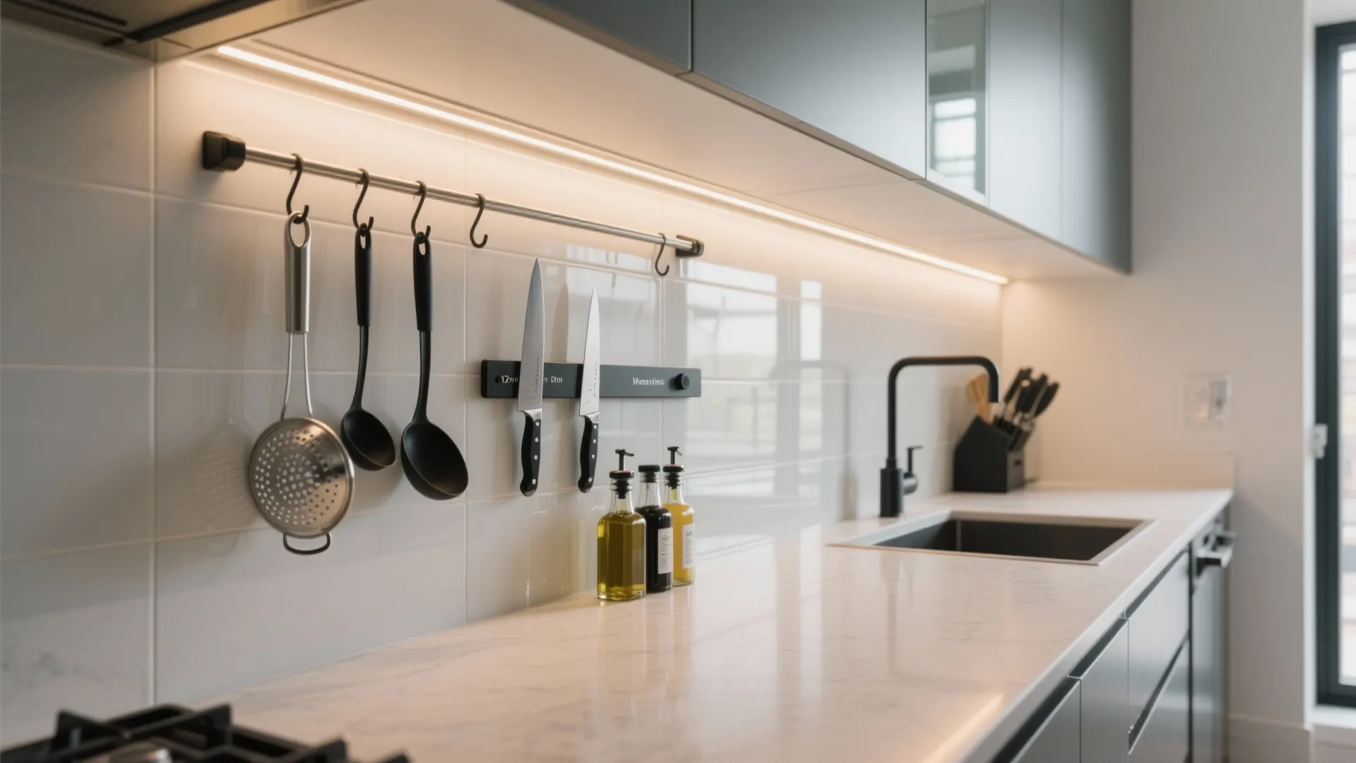 Backsplash rails and lighting that amplify storage