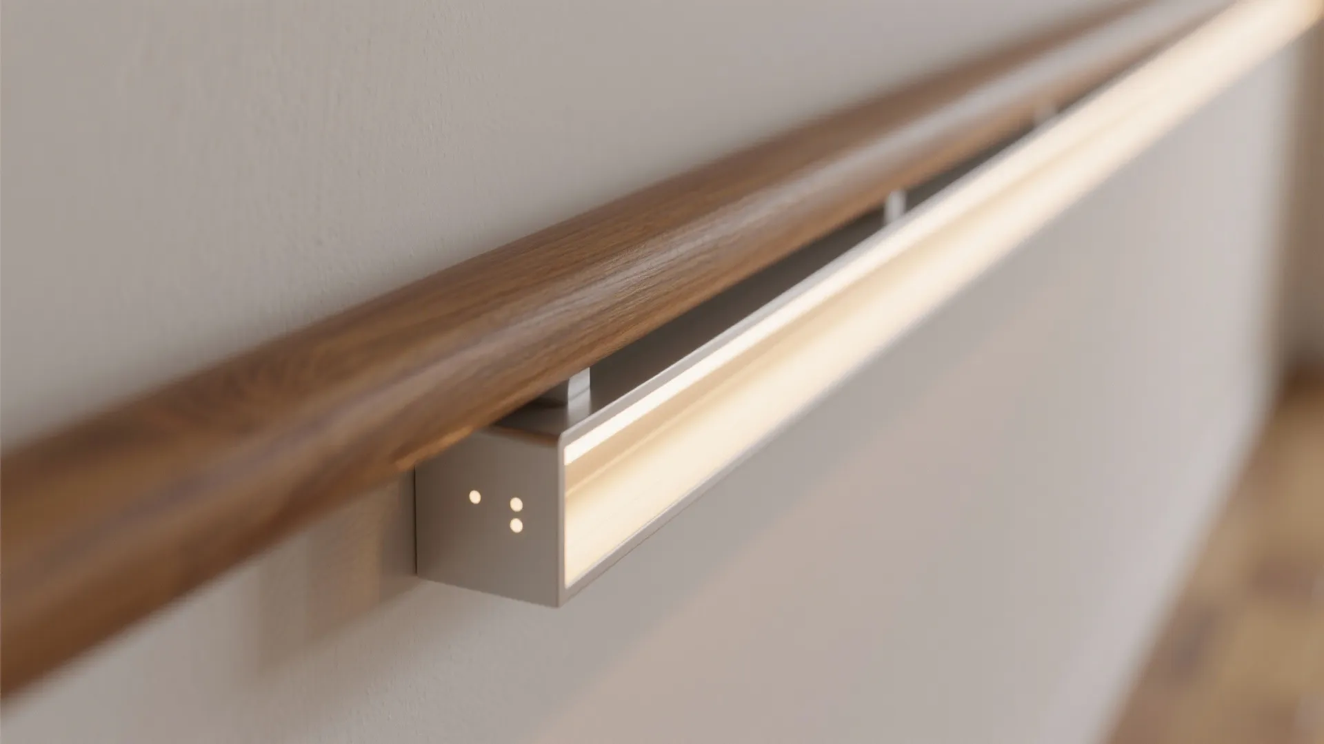 Close up of a wooden handrail with an integrated warm light fixture on a white wall