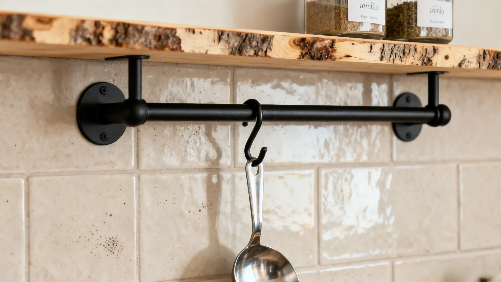 Macro of matte black rail with S-hook and stainless ladle against a light tile backsplash.