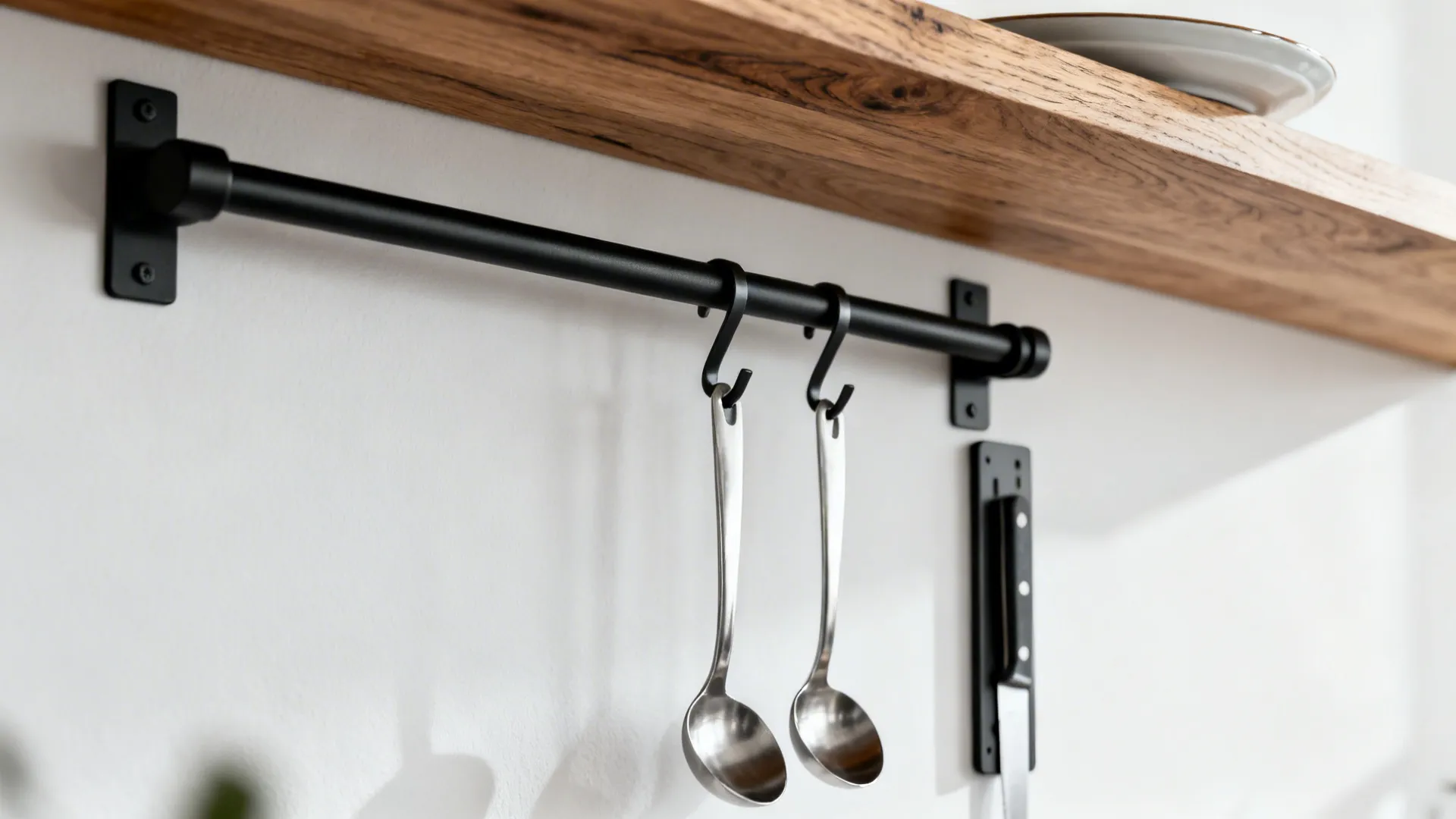 Close-up of a black kitchen rail with hooks and a magnetic knife strip below an oak shelf.