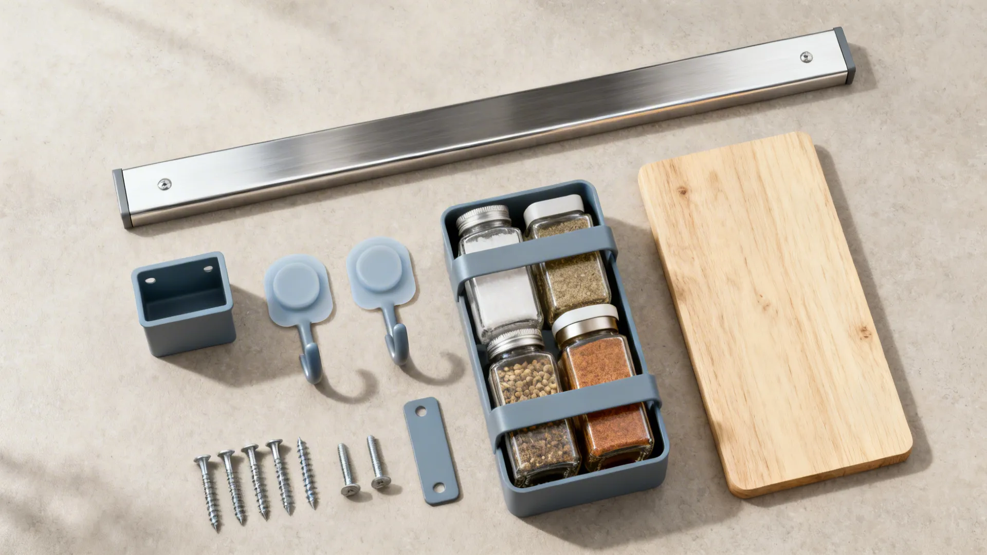 Flatlay of brushed stainless rail, magnetic strip, silicone hooks, hardware, and wood sample.