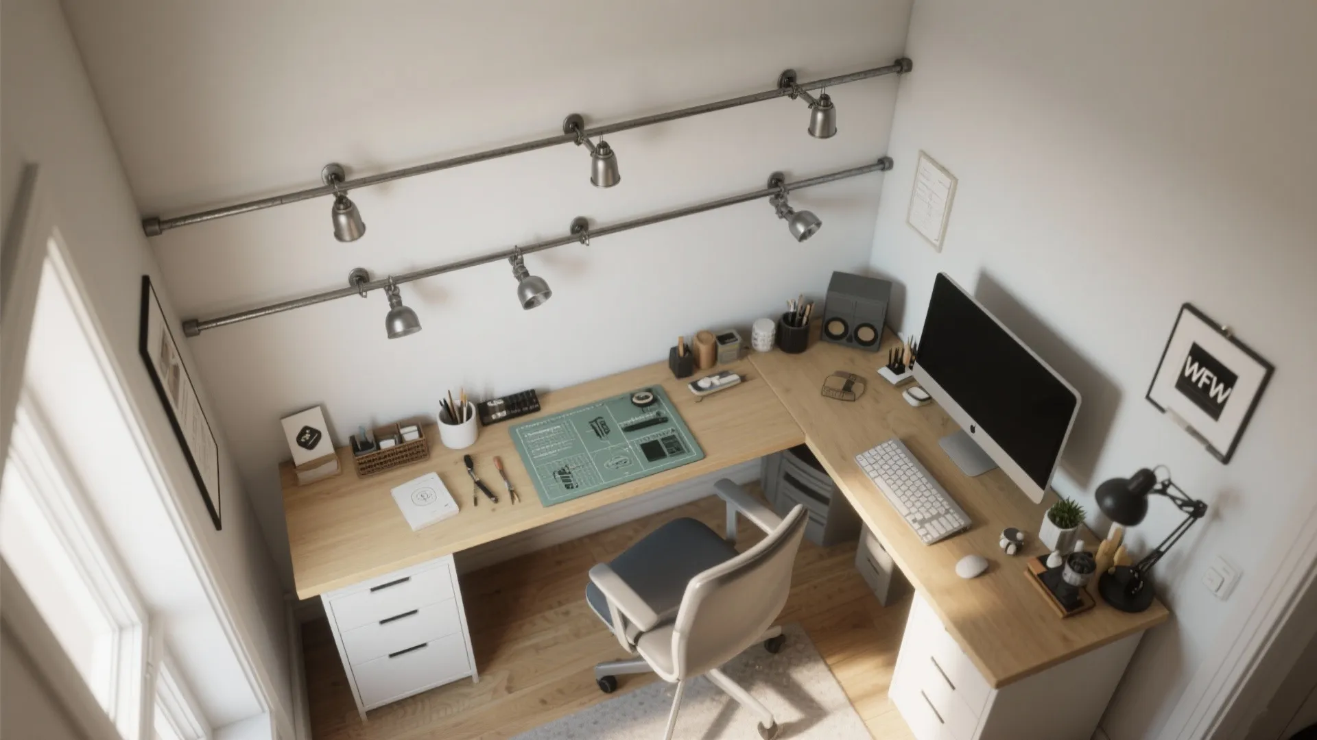 3. Use wall-mounted rails to create a modular lighting gallery