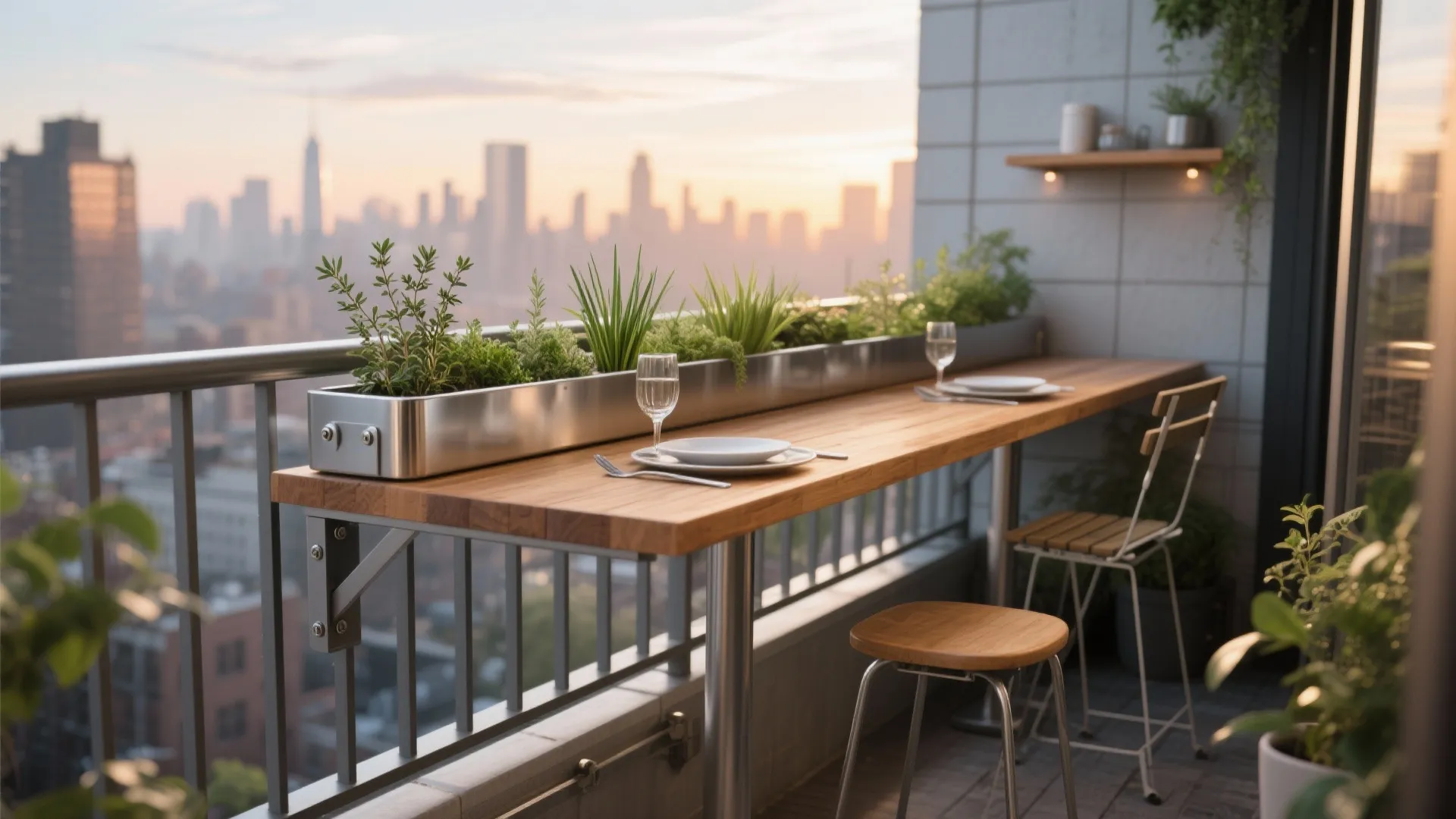 3) Rail-mounted bar table with integrated planter trough