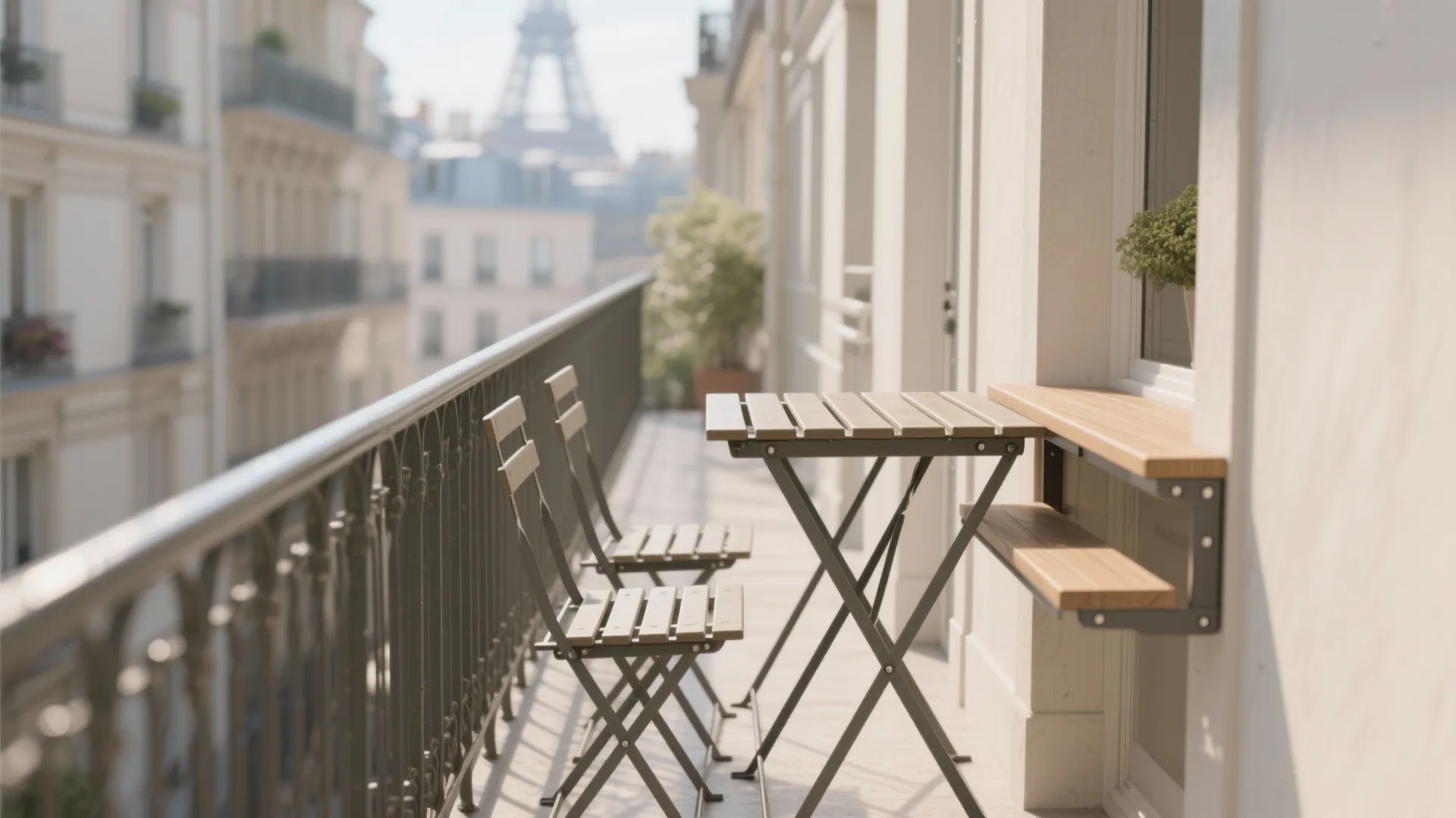 Space-saving café setups with rail-mounted tables