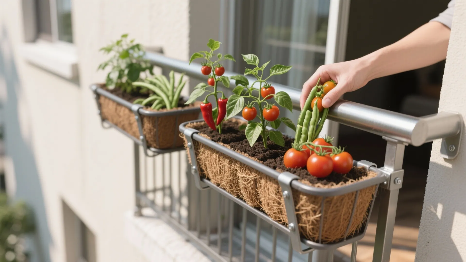 Macro of rail-mounted planter box with dwarf peppers and coir lining on a balcony railing.