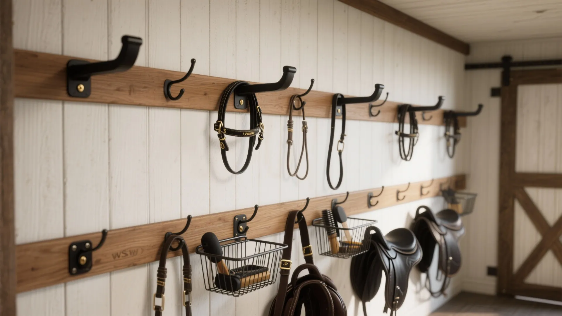 Flexible rail-and-peg wall for saddles and bridles