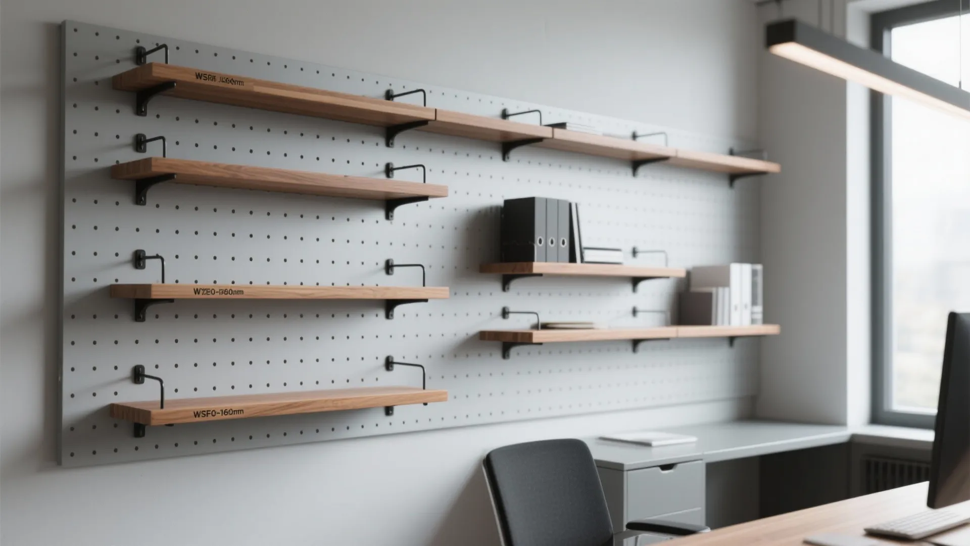 White wall with pegboard organizer wood shelves grey desk black chair and large bright window
