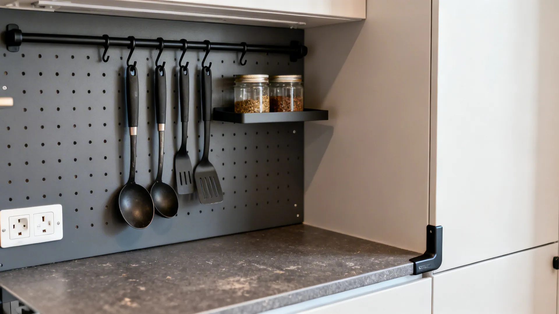 Macro of rail and pegboard storage above a compact laminate counter with ABS-edged fronts.