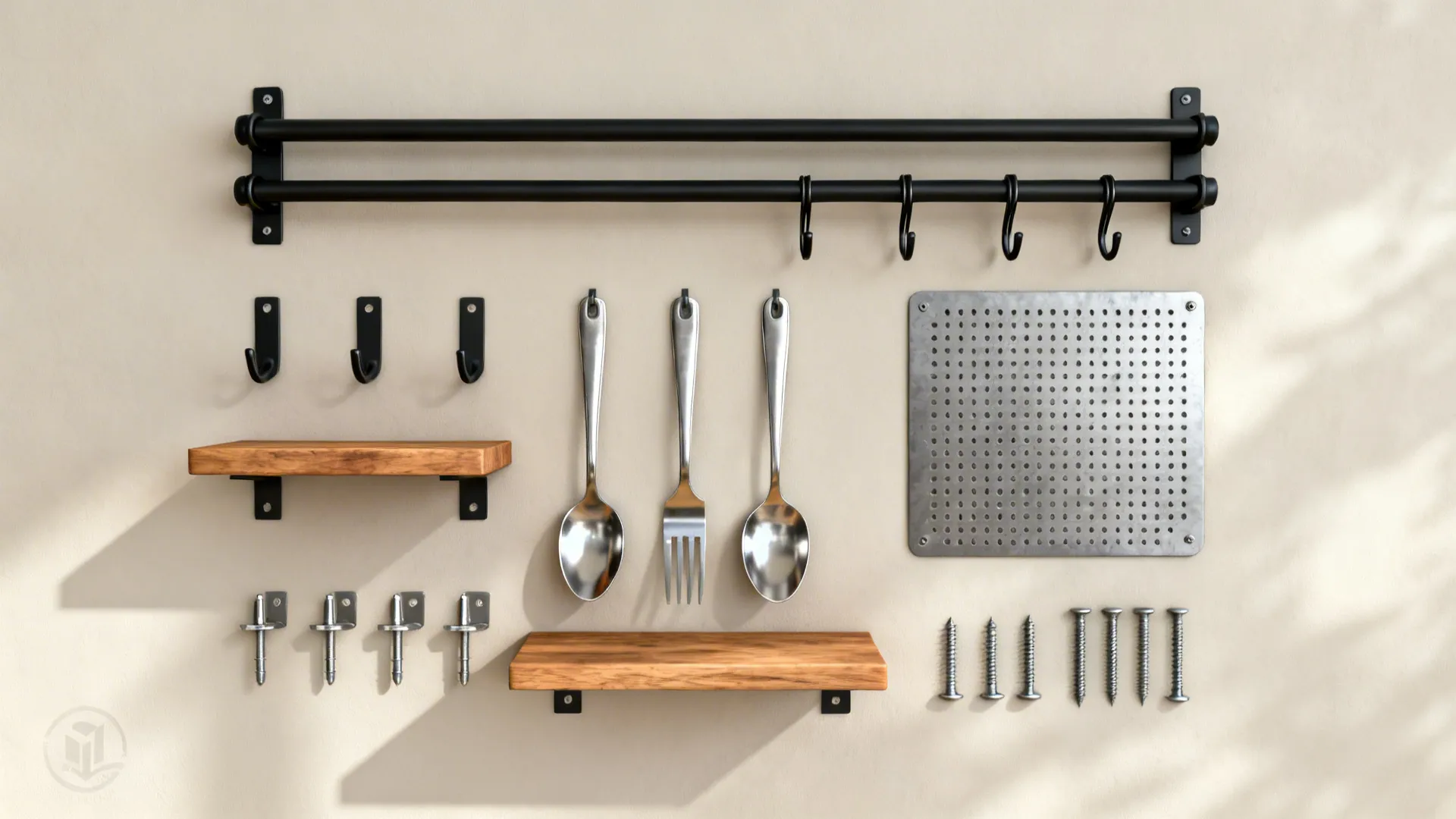 Flat lay of black rails, closed hooks, stainless tools, oak mini shelves, and metal pegboard.