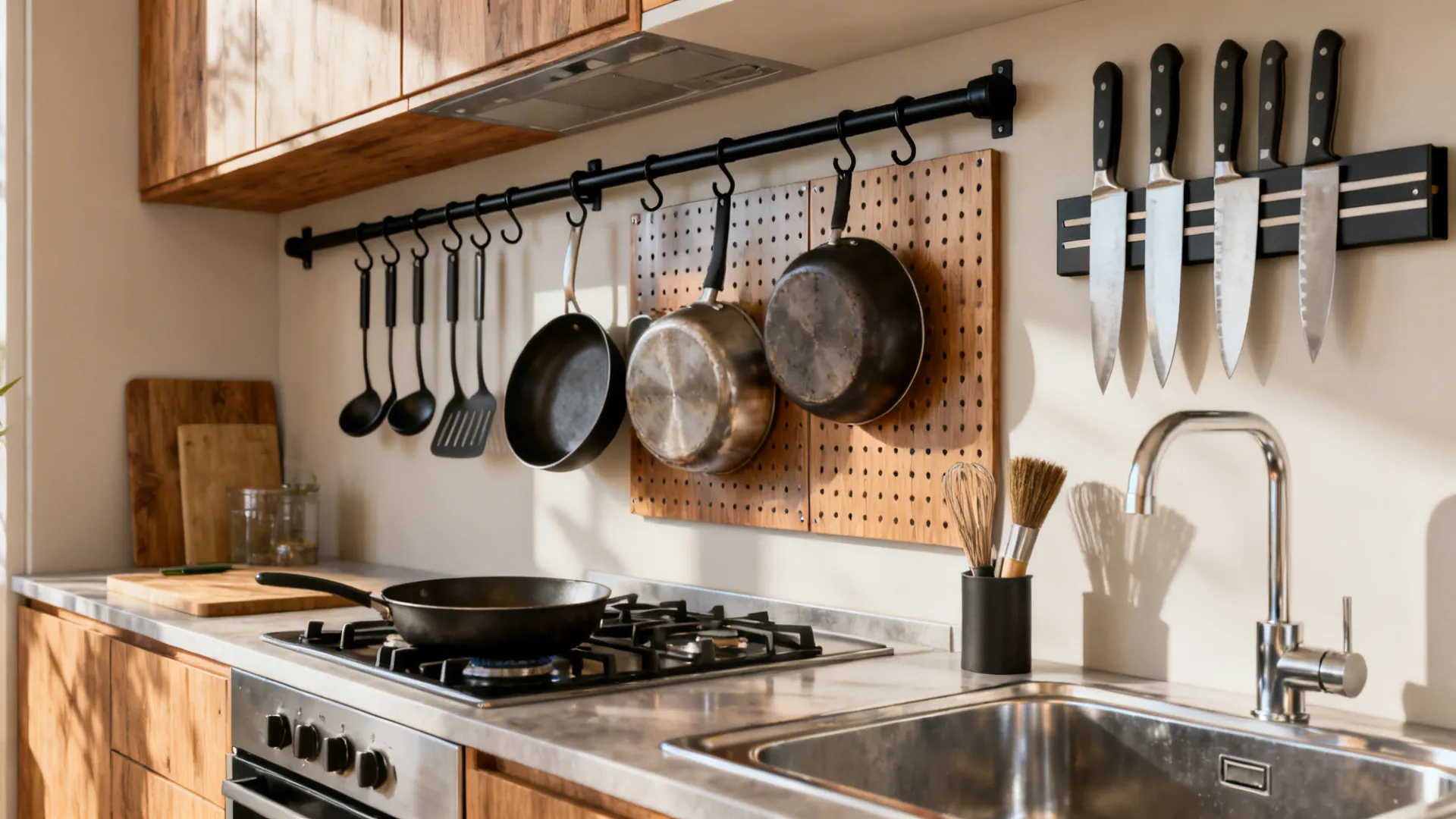 4) Wall systems: rails, pegboards, and magnetic zones