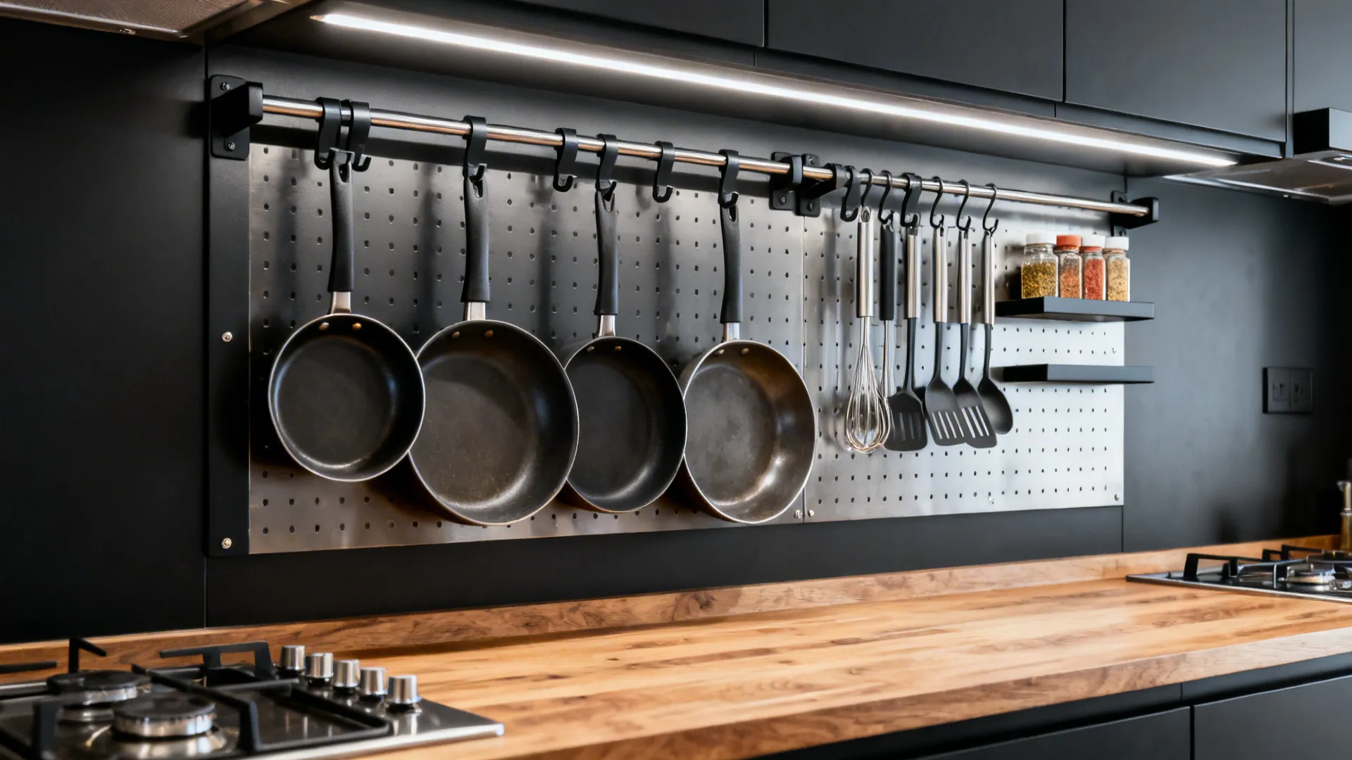Compact kitchen rail and pegboard system with pans, utensils, and spice shelves organized by task.