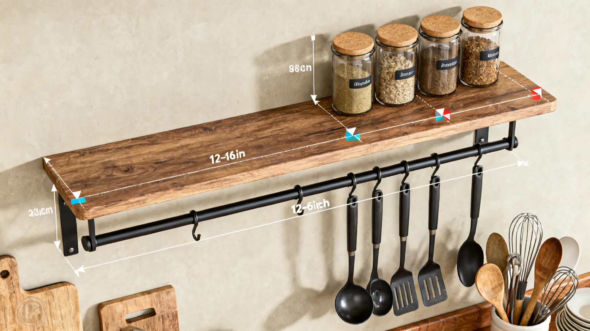 Top-down guide showing rail 12–16 inches above counter with a shallow shelf above.