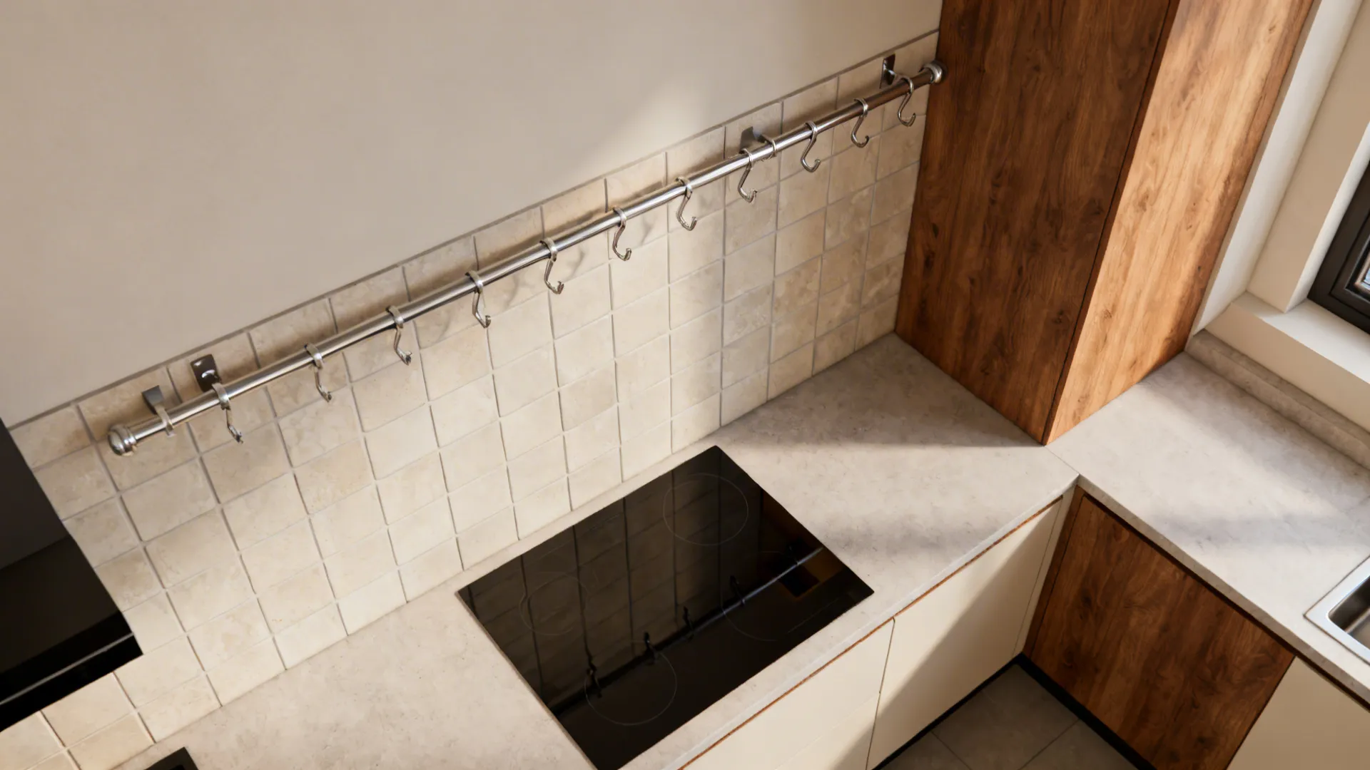 Top-down plan showing rail height, hook spacing, and framed utensil placement on a kitchen wall.