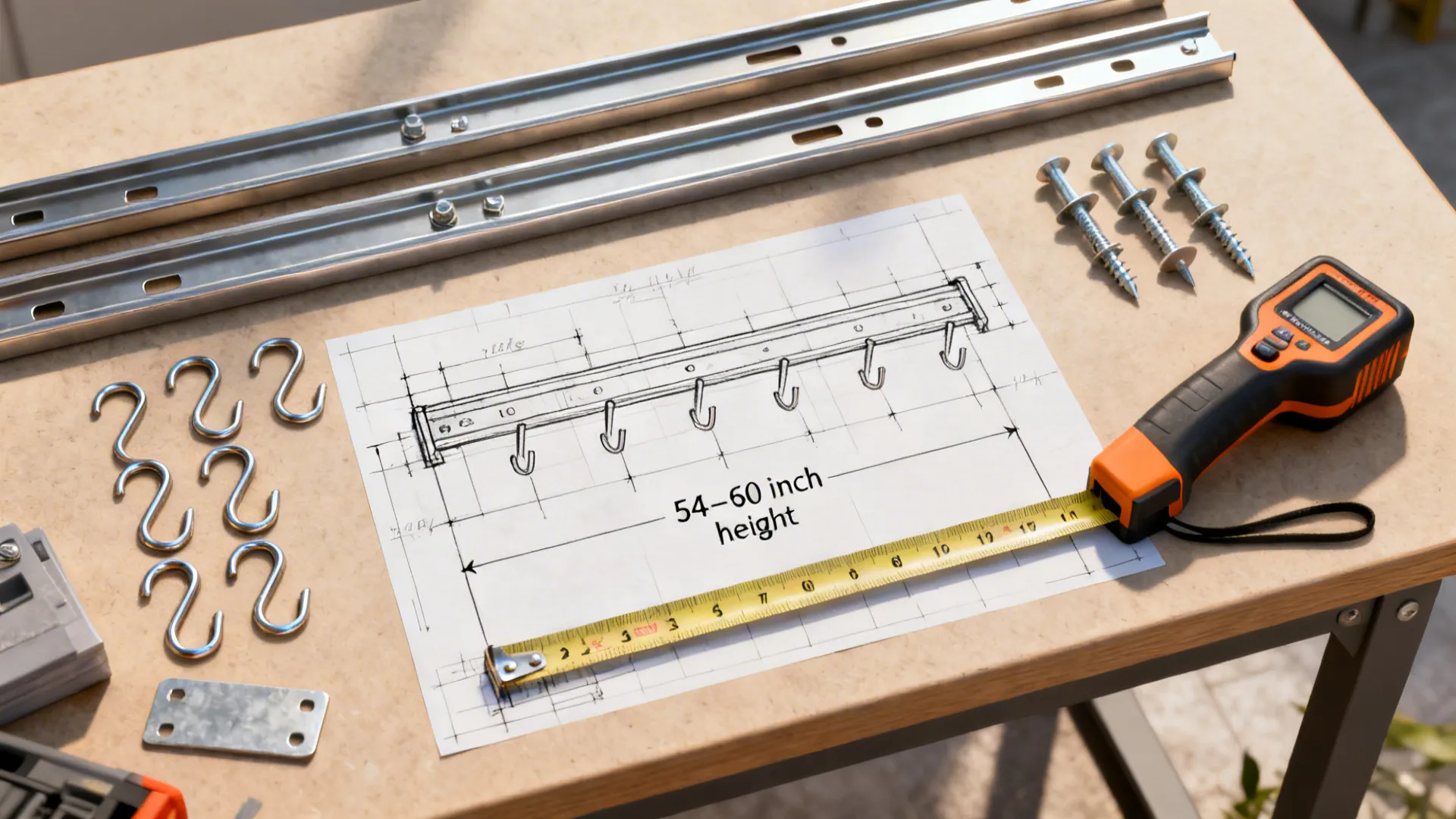 Top-down view of rail hardware, hooks, anchors, stud finder, and measured layout sketch.
