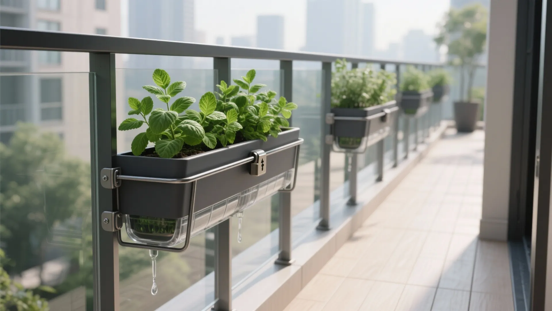Rail planters with self-watering reservoirs