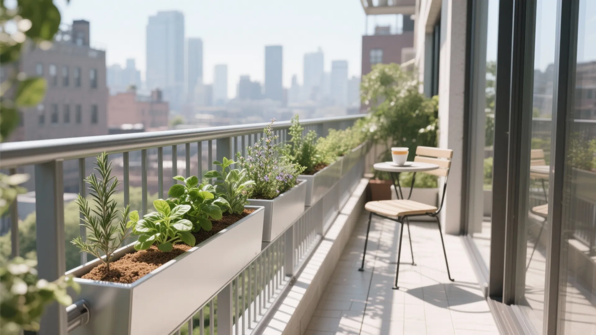 Rail-mounted slim planters to free floor space