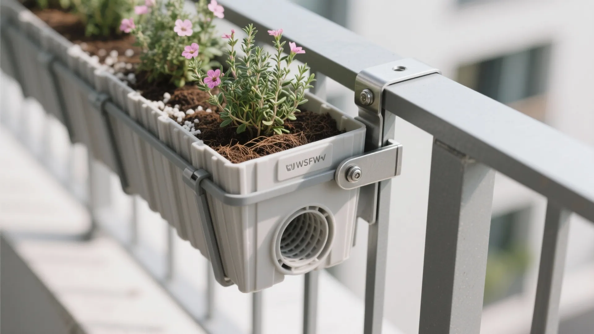 Macro of a modular rail planter clamp and drainage outlet with textured resin surface.
