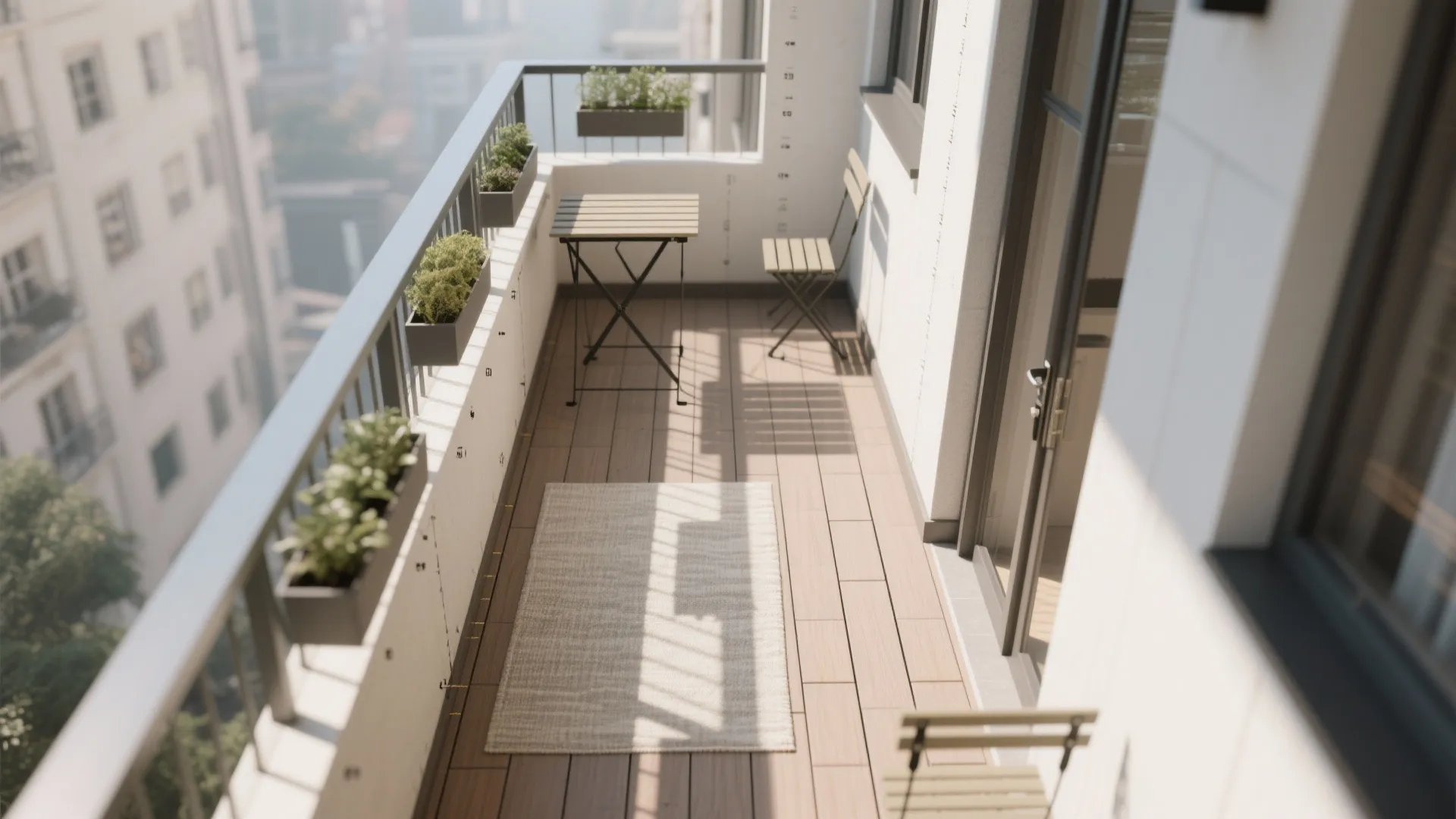 Top-down view showing rail planters and folding table clearance on a narrow balcony.