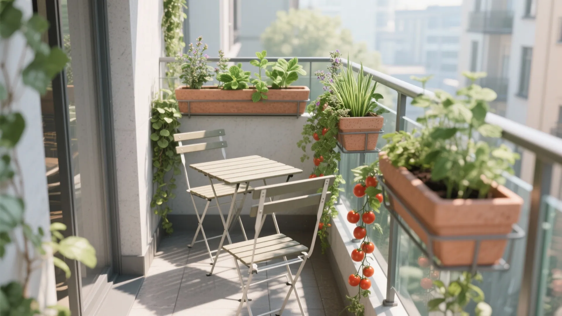 Slim balcony with rail planters, fold-down table, and herbs in bright daylight.