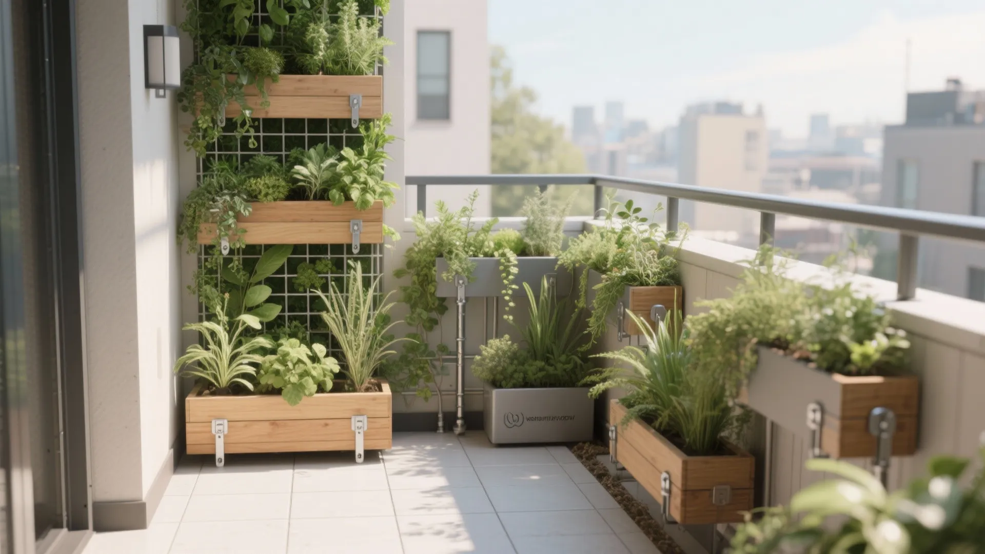 2) Vertical greenery with rail-integrated planters
