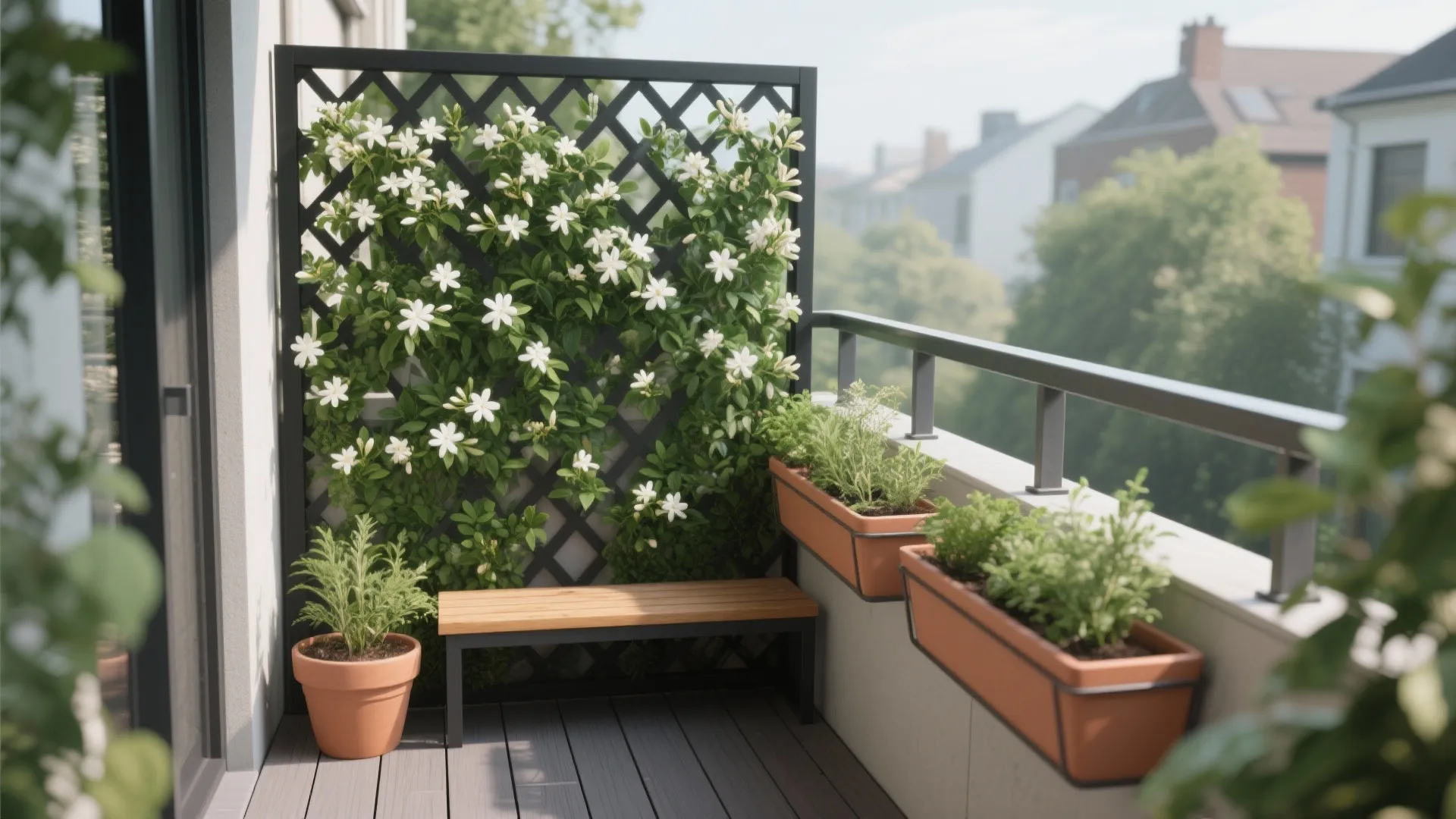 Balcony garden with white flowers on black lattice wooden bench and brown planters on railing