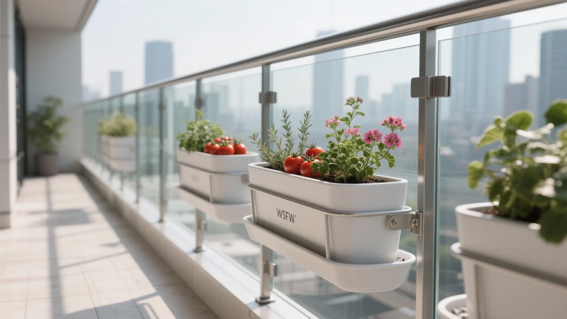 Modular rail planters with tomatoes, thyme, and pelargoniums on a slim balcony railing.