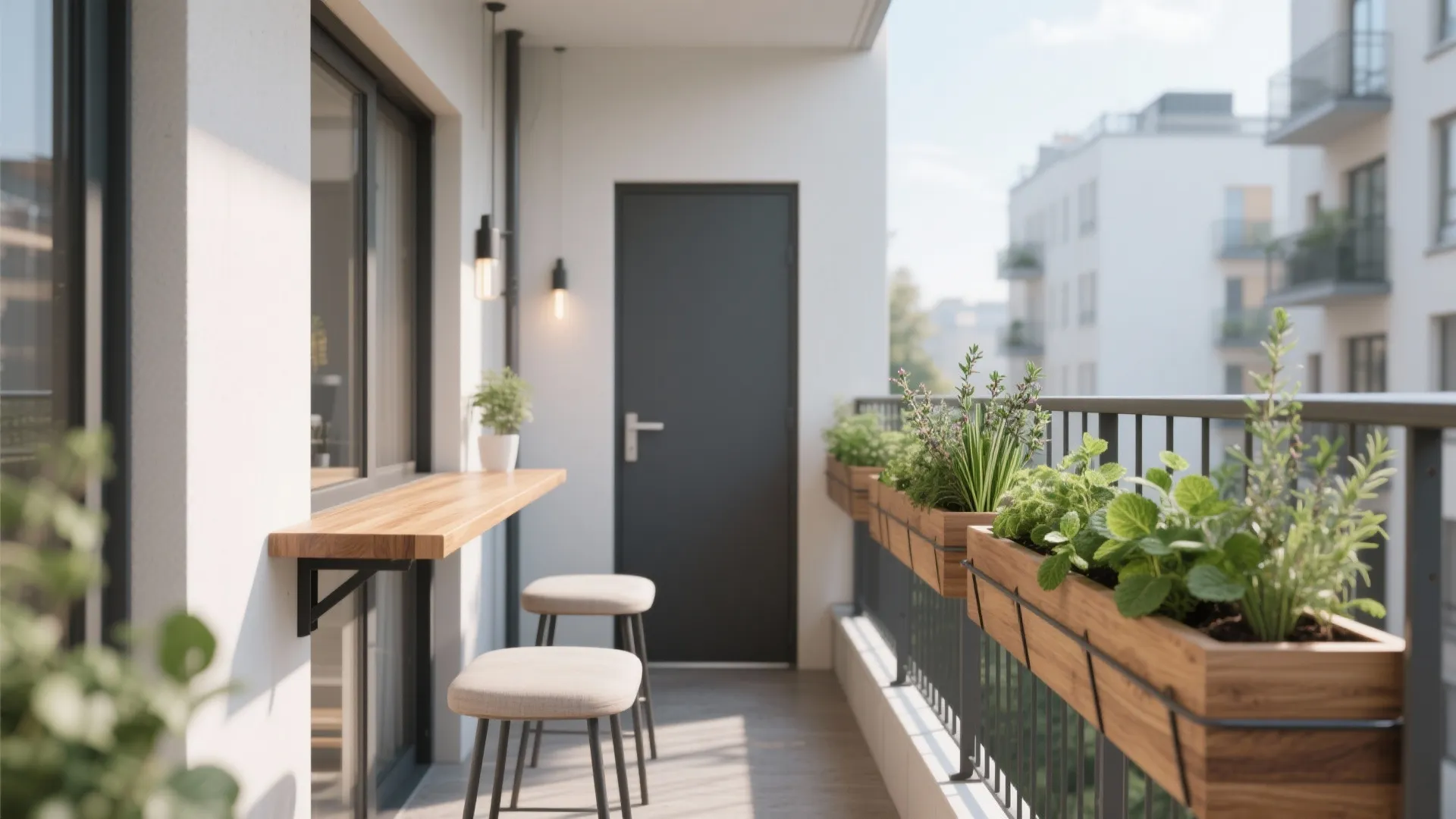 Narrow balcony with slim rail planters and a fold-down acacia bar, open circulation and bright herbs.