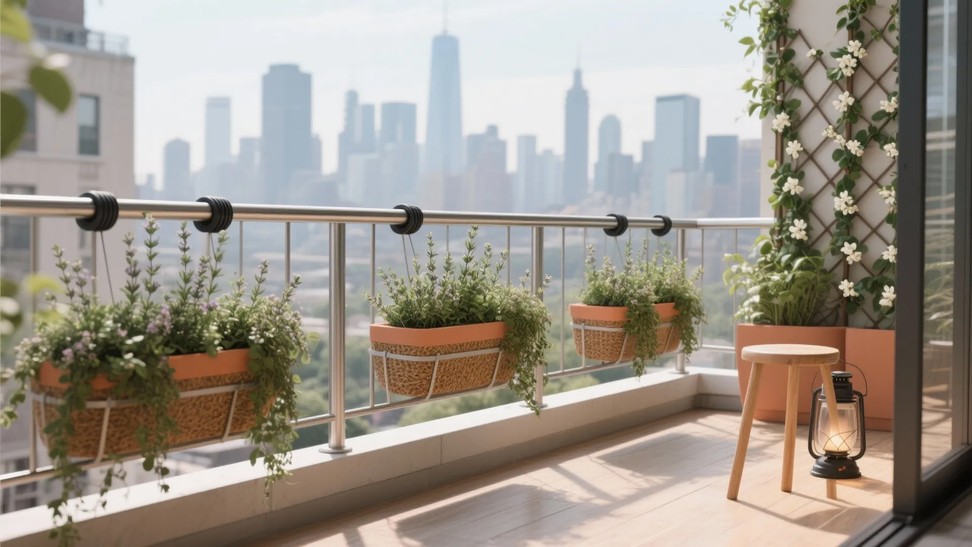 Stainless rail planters with cascading herbs and a slim trellis of dwarf jasmine framing the skyline.
