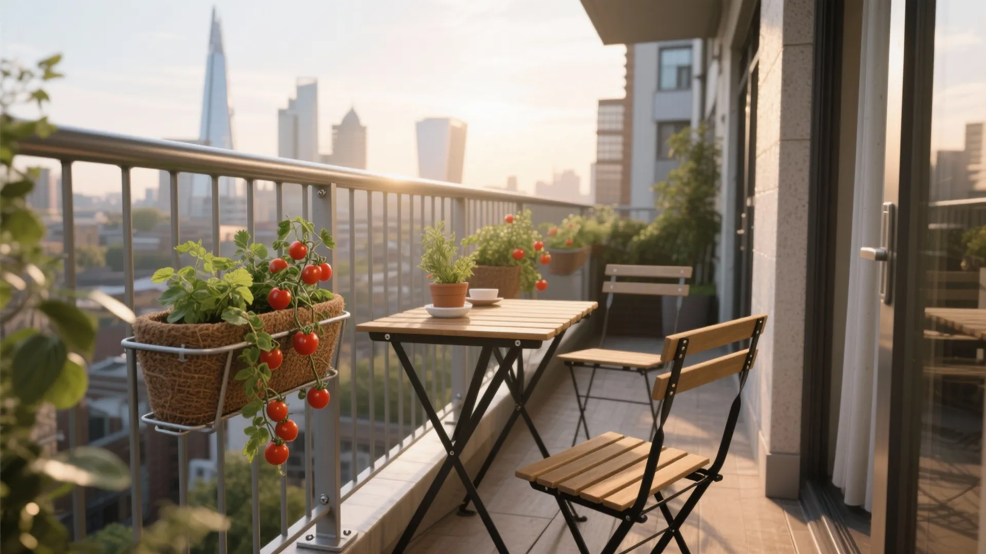 Sunny balcony with small wooden dining table two chairs and tomato plants hanging on metal railing