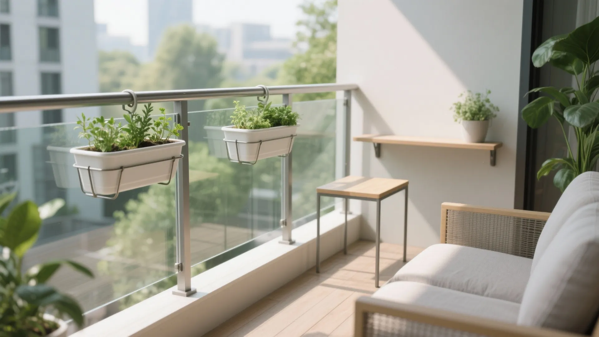 Compact balcony with railing planters and a rail-mounted side table freeing floor space.
