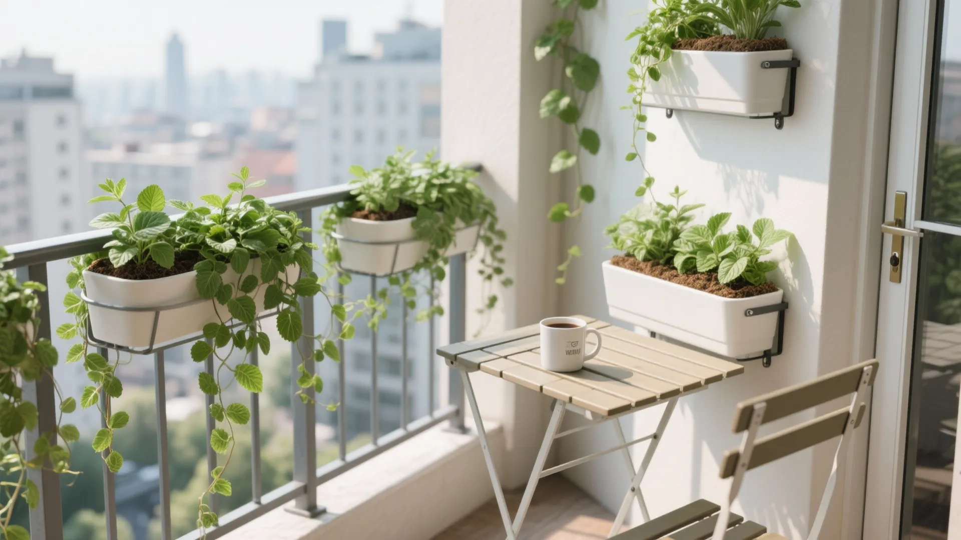 Rail planters with trailing greens and a slim folding table on a small balcony.
