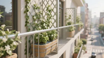 Balcony Garden with Lattice and Woven Planters