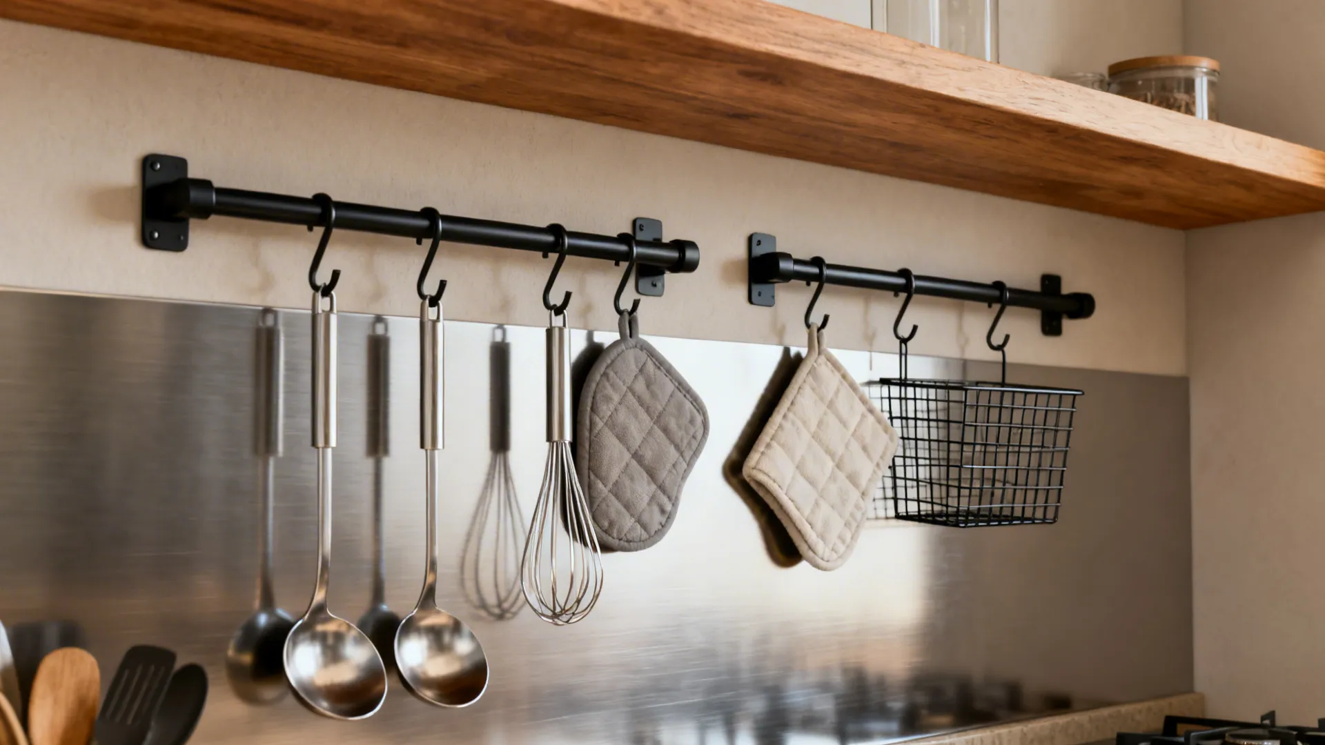 Matte black kitchen rail systems with S-hooks neatly holding tools and a small basket.