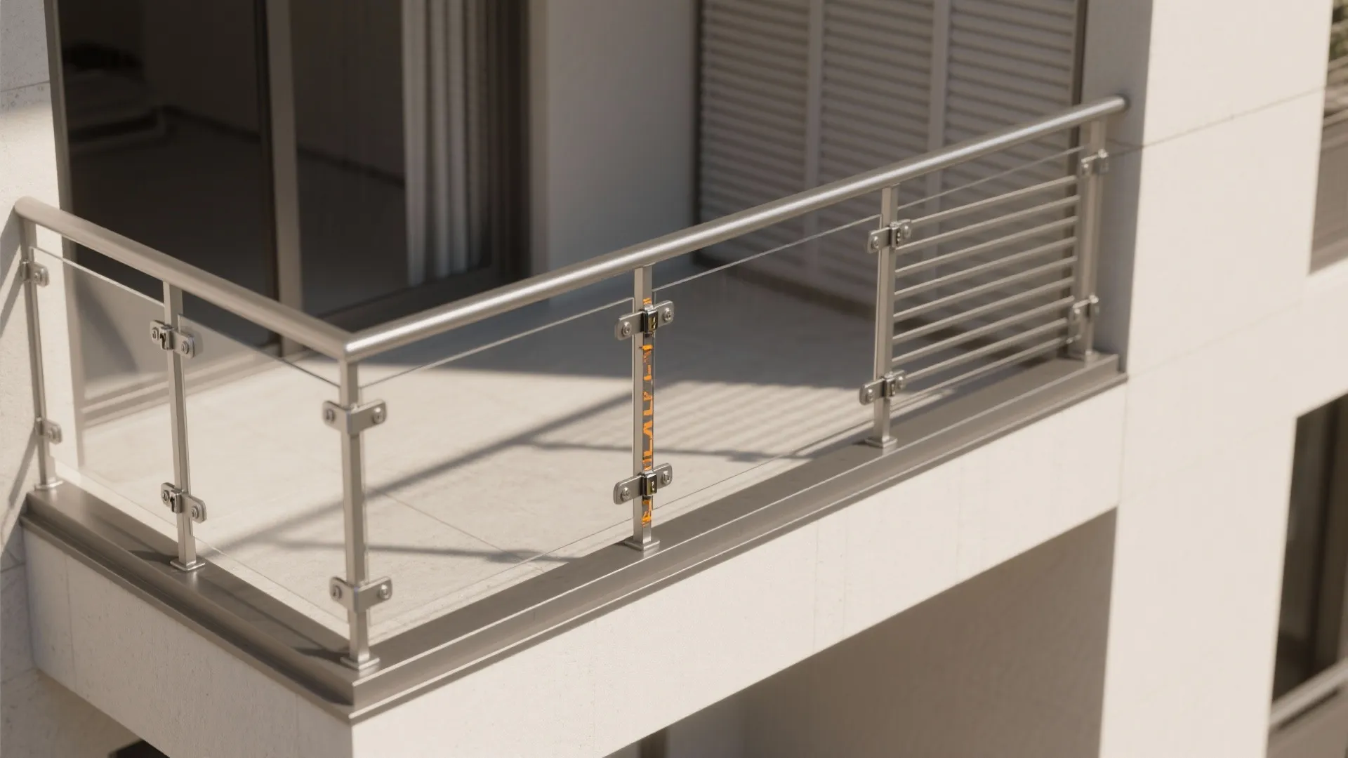 Modern balcony view featuring silver metal railings with glass panels and a white tiled floor