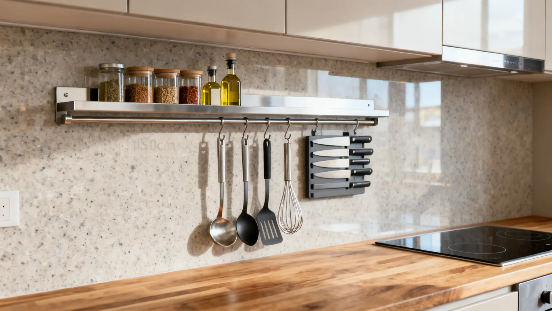 Shallow steel ledge for spices with a rail and hooks below over a clean backsplash.