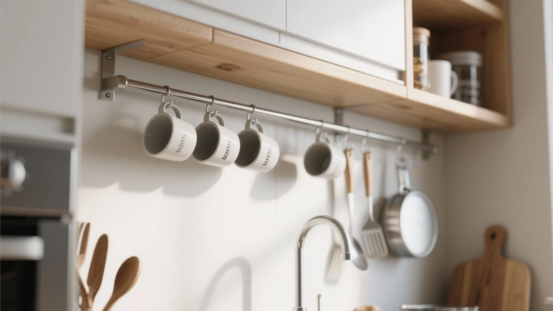 Metal hanging rail with white coffee mugs and kitchen tools under a wooden wall cabinet