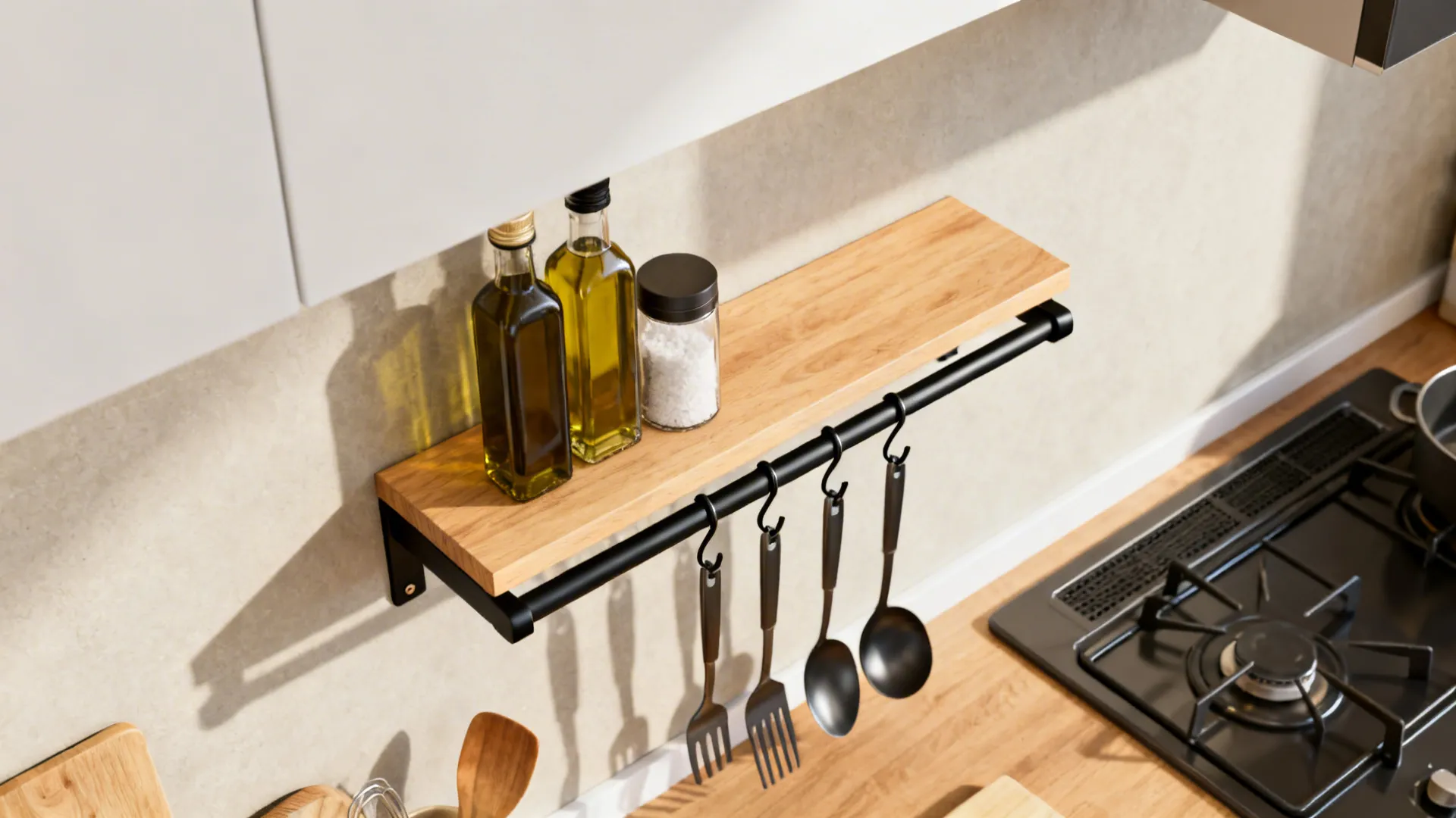 Compact chef’s station with a shallow wood shelf for oils and a rail beneath for utensils.