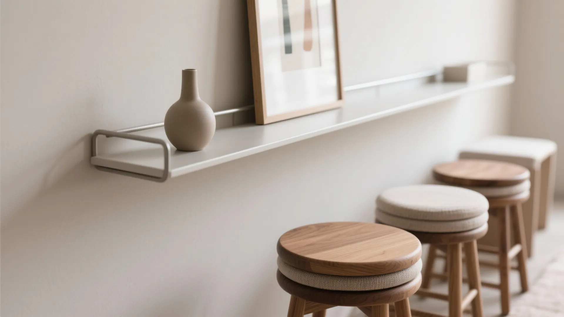 3) Flexible Zones: Rail Shelves + Nesting Seating