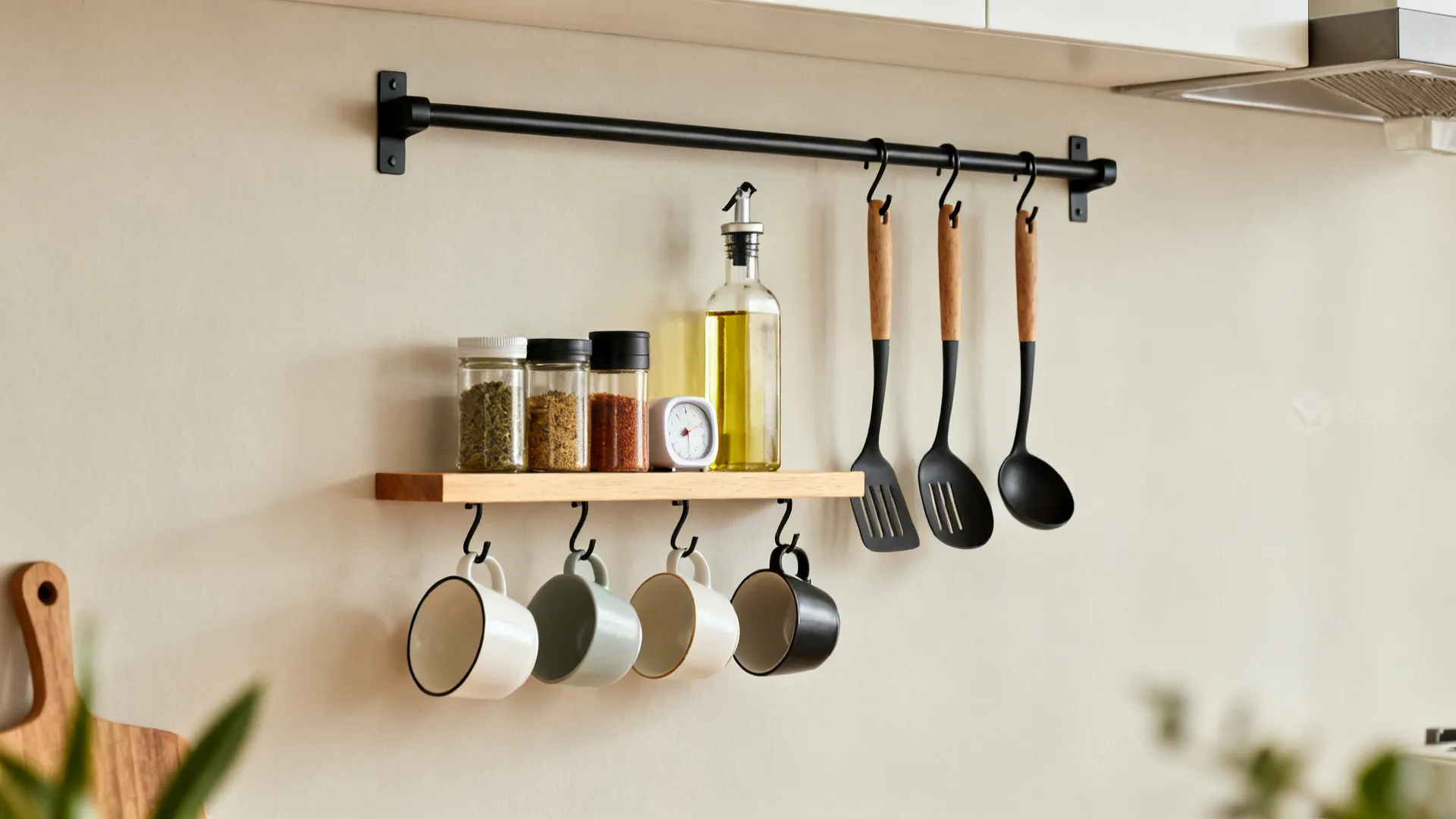 Metal rail with hanging cups and utensils below a narrow wood ledge holding spices.
