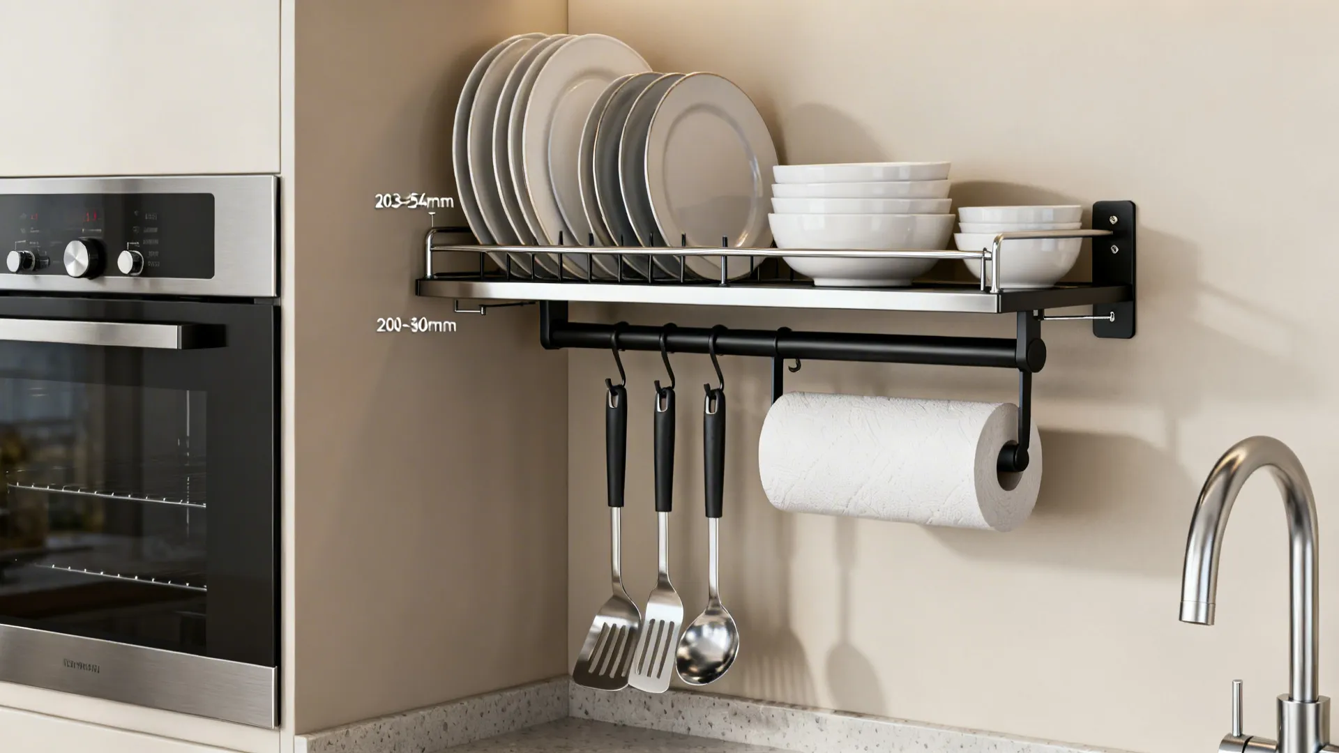 Hybrid corner with a shallow shelf above and a utensil rail below in a modern kitchen.